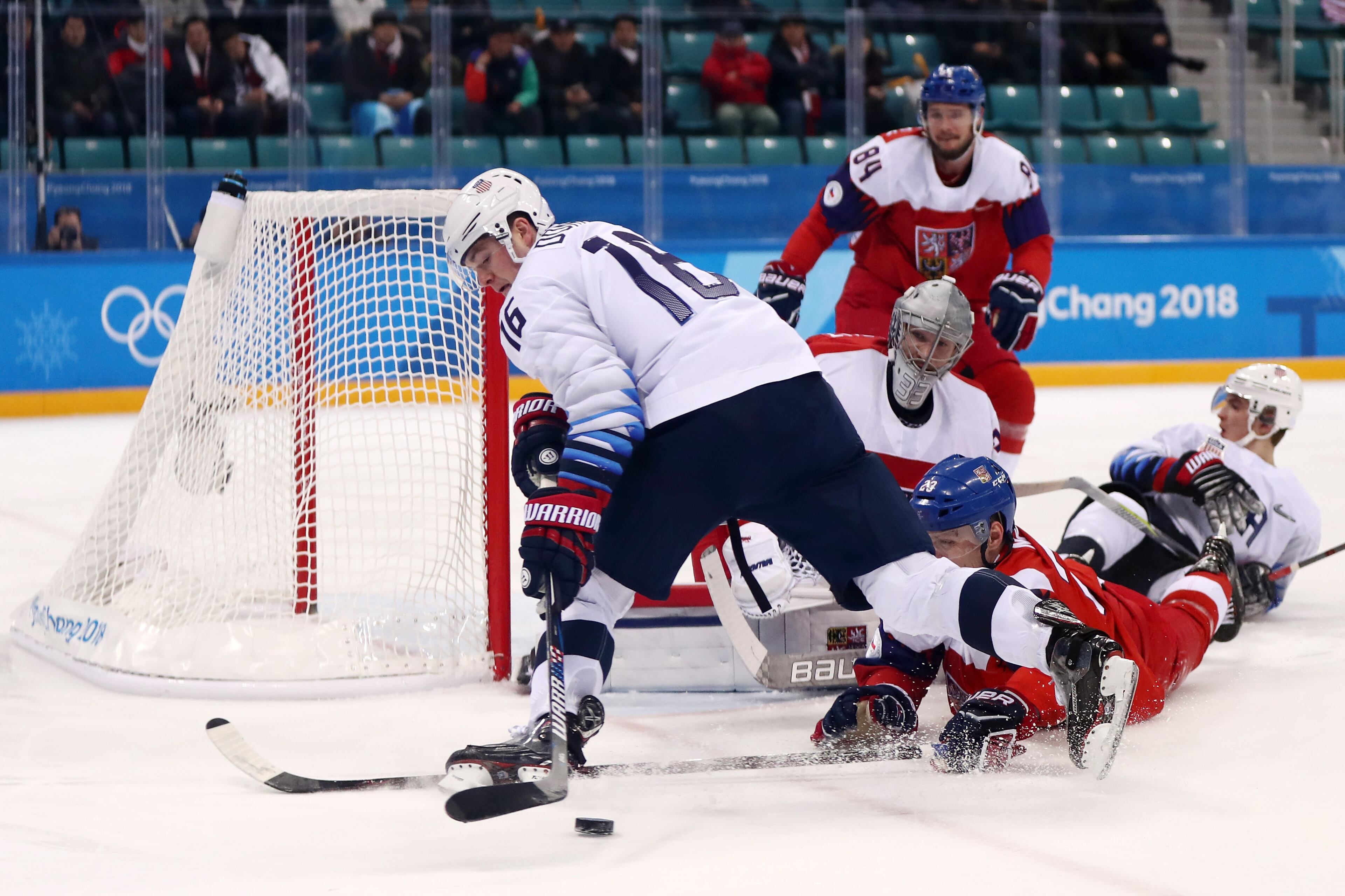 GANGNEUNG, SOUTH KOREA - FEBRUARY 21: Ryan Donato #16 of the United States attempts a shot on Pavel Francouz #33 of the Czech Republic in the second period during the Men's Play-offs Quarterfinals on day twelve of the PyeongChang 2018 Winter Olympic Games at Gangneung Hockey Centre on February 21, 2018 in Gangneung, South Korea. (Photo by Ronald Martinez/Getty Images)