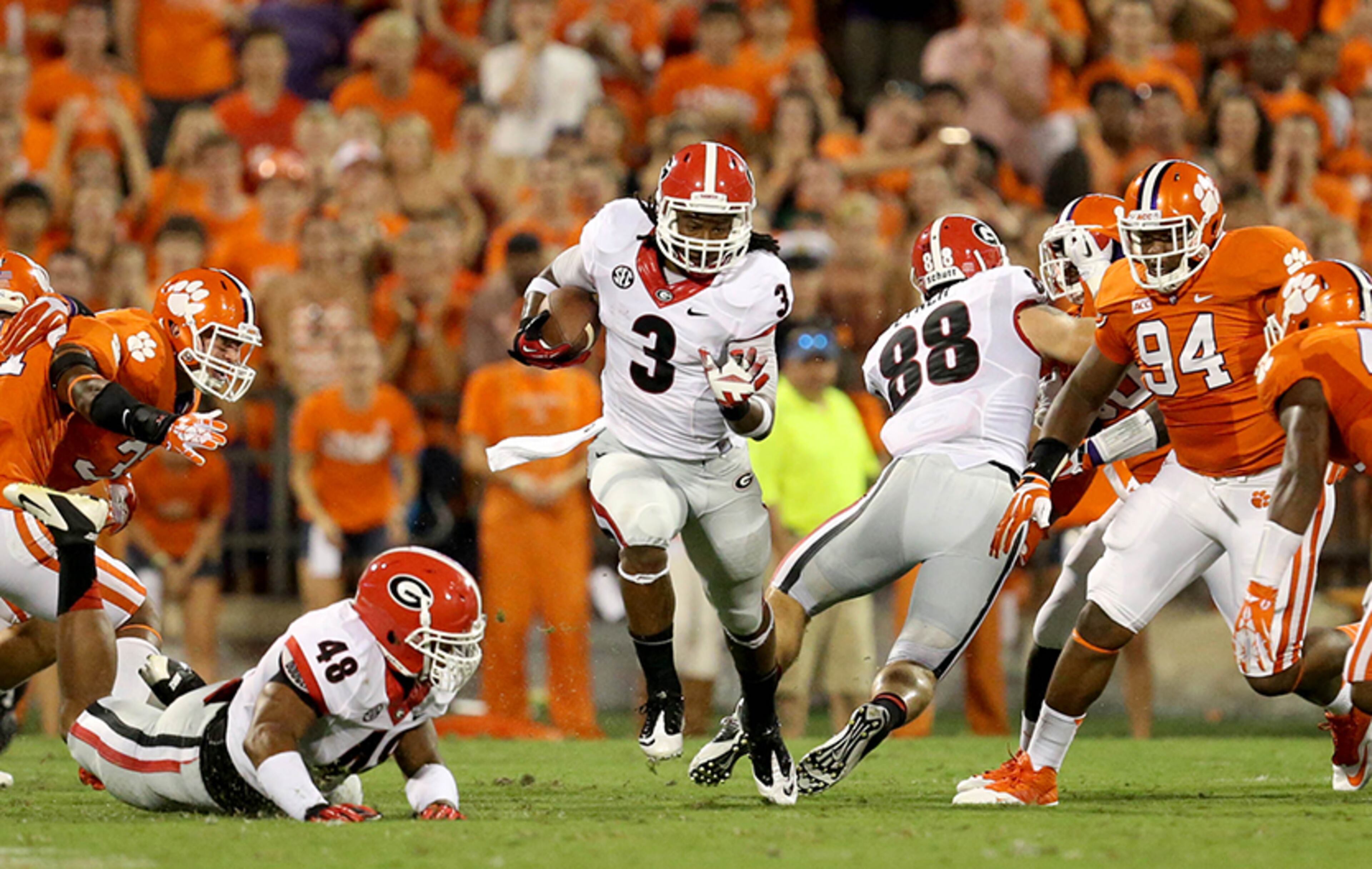 Aug. 31, 2013: Georgia at Clemson: In the Bulldogs' 2013 season opener at No. 8 Clemson, Todd Gurley scored on a 75-yard run - the longest rushing touchdown of his Georgia career. It was the 10th 100-yard game of Gurley's 15-game career.
