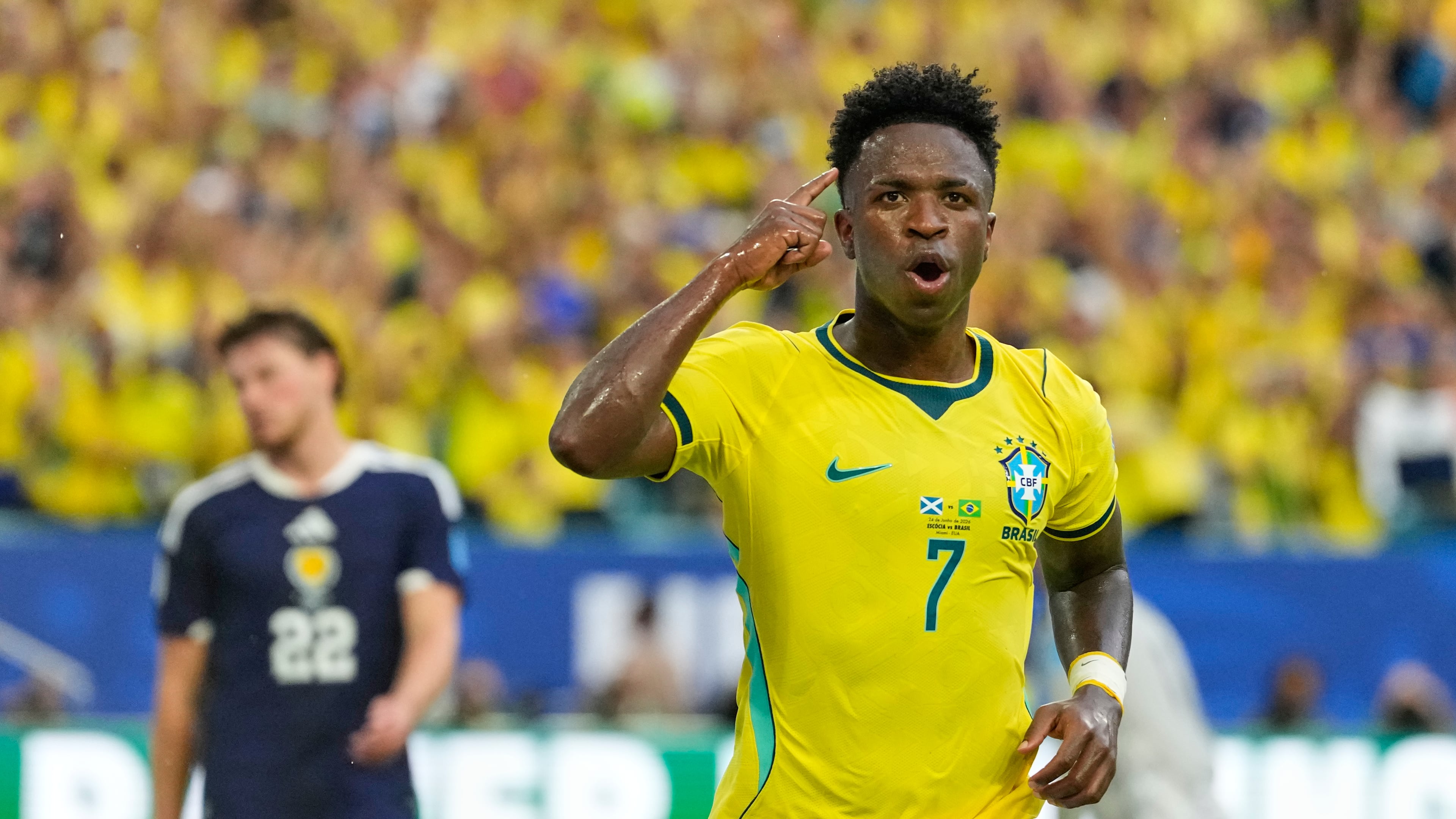 Brazil's Vinicius Junior (7) celebrates after scoring his side's second goal during the World Cup Group C soccer match between Scotland and Brazil in Miami Gardens, Fla., Wednesday, June 24, 2026. (AP Photo/Rebecca Blackwell)