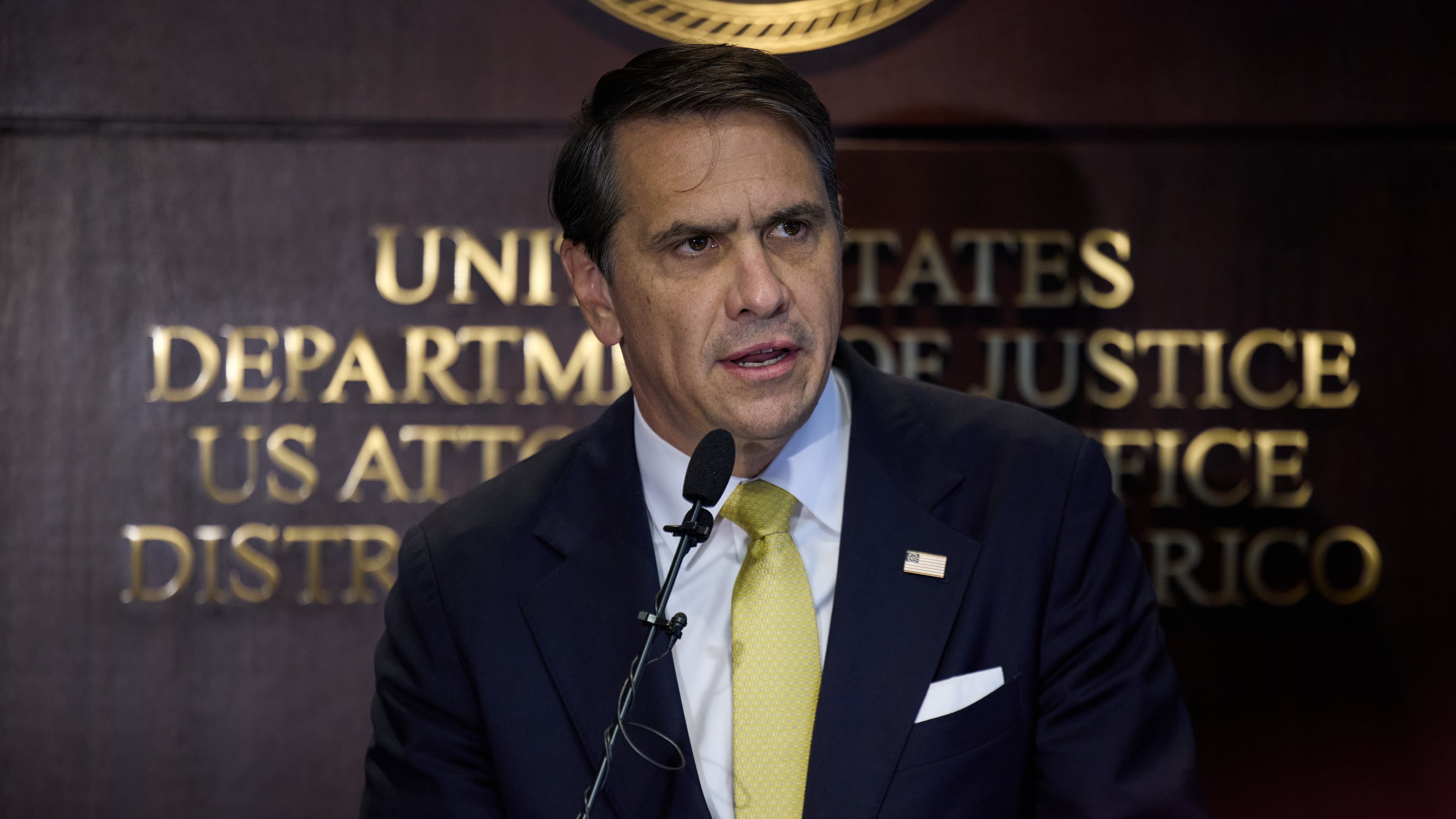 U.S. Attorney General Todd Blanche gives a press conference about people charged in the takedown of Puerto Rican drug gang "Los Baja Deo" (LBD) in San Juan, Puerto Rico, Thursday, Aug. 27, 2026. (AP Photo/Stephanie Rojas)