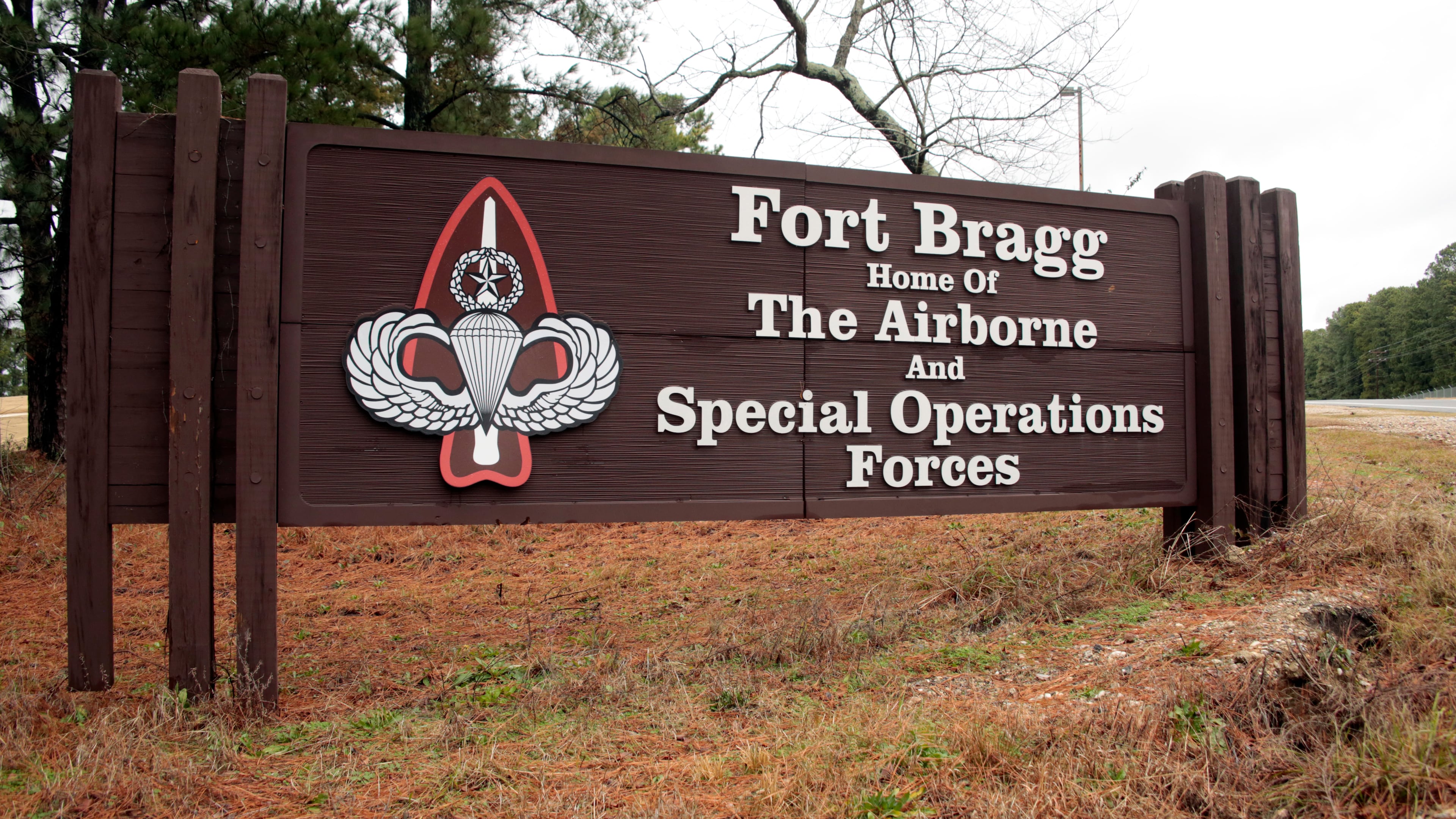 FILE - A sign at Fort Bragg, N.C., is seen, Jan. 4, 2020. (AP Photo/Chris Seward, File)