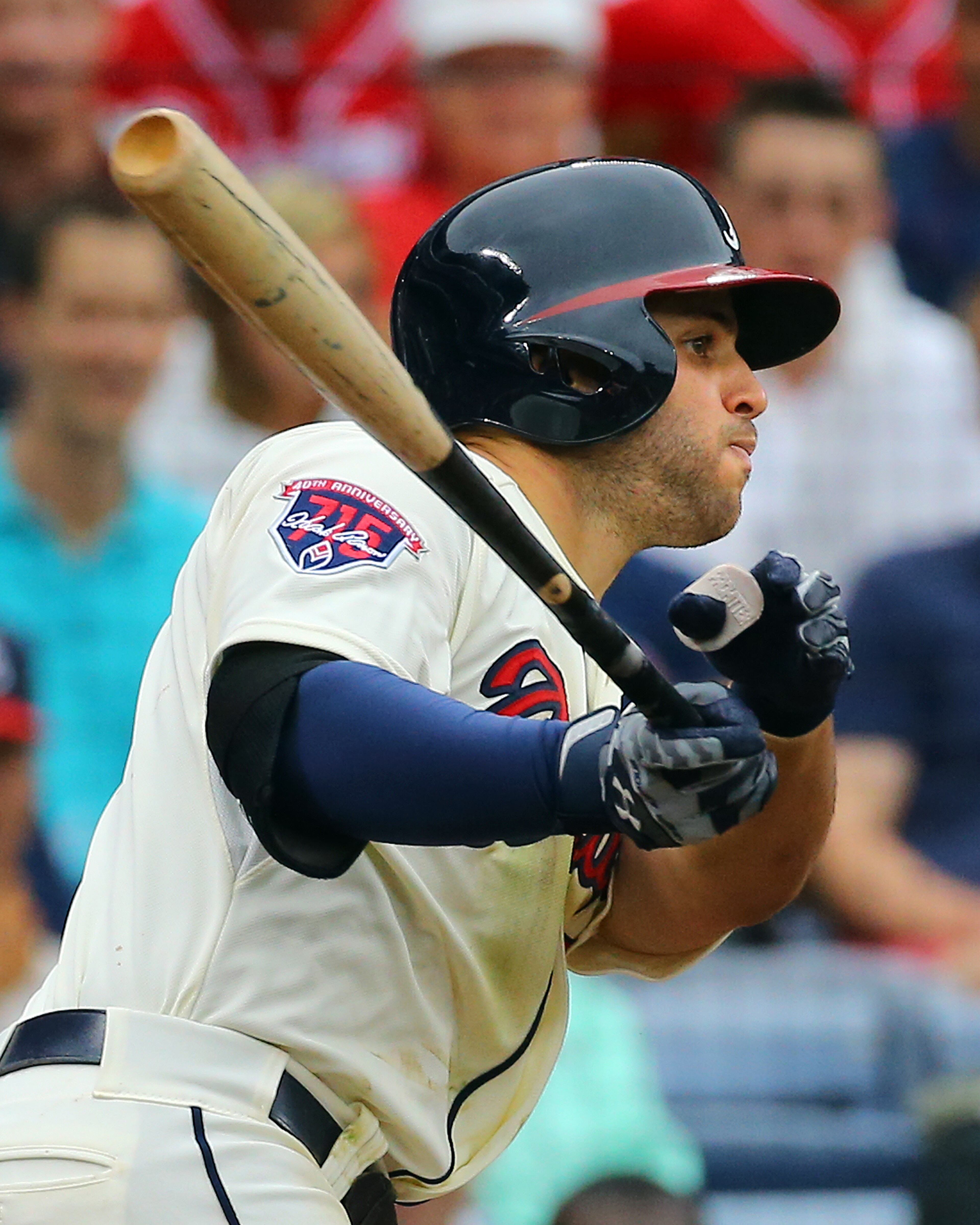 Braves Tommy La Stella hits a 3-RBI double to take a 6-1 lead over the Phillies during the third inning in an MLB game on Sunday, July 20, 2014, in Atlanta. CURTIS COMPTON / CCOMPTON@AJC.COM