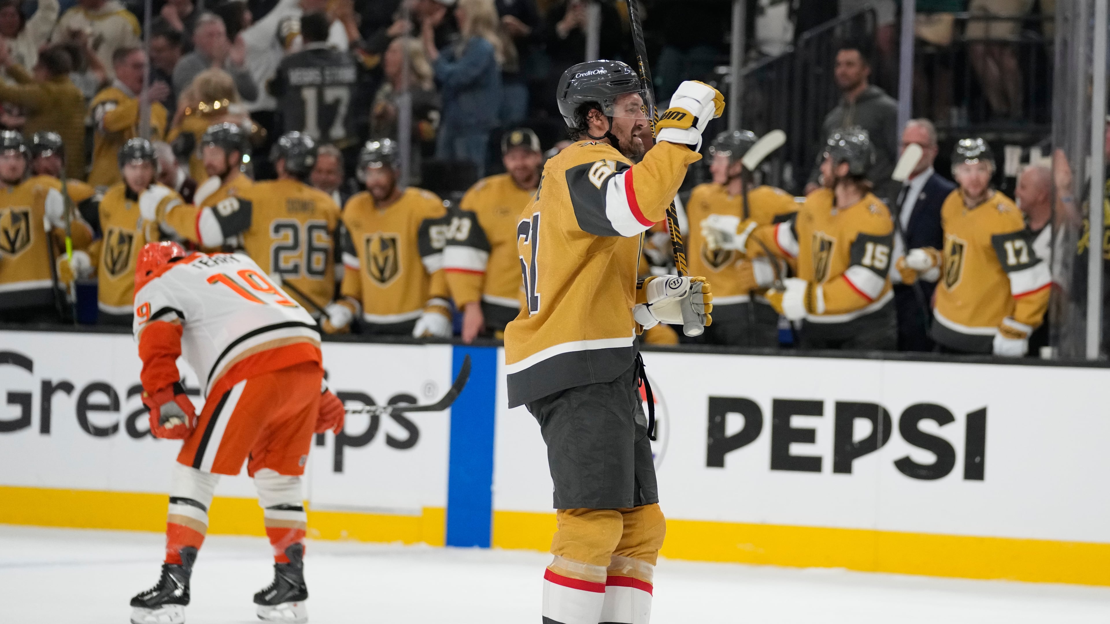 Vegas Golden Knights right wing Mark Stone (61) celebrates after a goal by Vegas Golden Knights right wing Mitch Marner during the third period of Game 1 of a second-round NHL hockey Stanley Cup playoff series Monday, May 4, 2026, in Las Vegas. (AP Photo/John Locher)