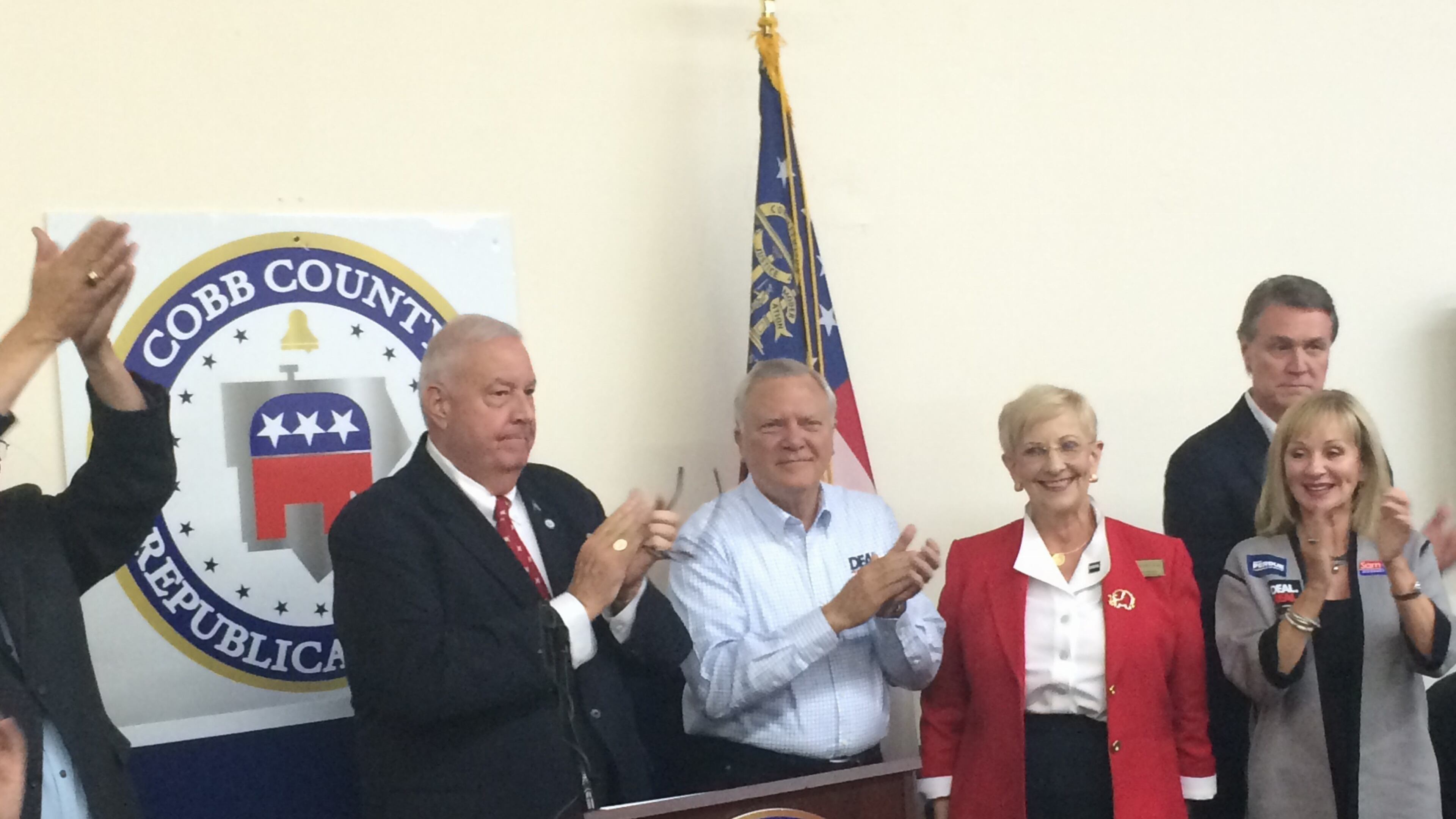 Georgia GOP chairman John Padgett, Gov. Nathan Deal, First Lady Sandra Deal, U.S. Senate candidate David Perdue and Bonnie Perdue at the Cobb GOP headquarters