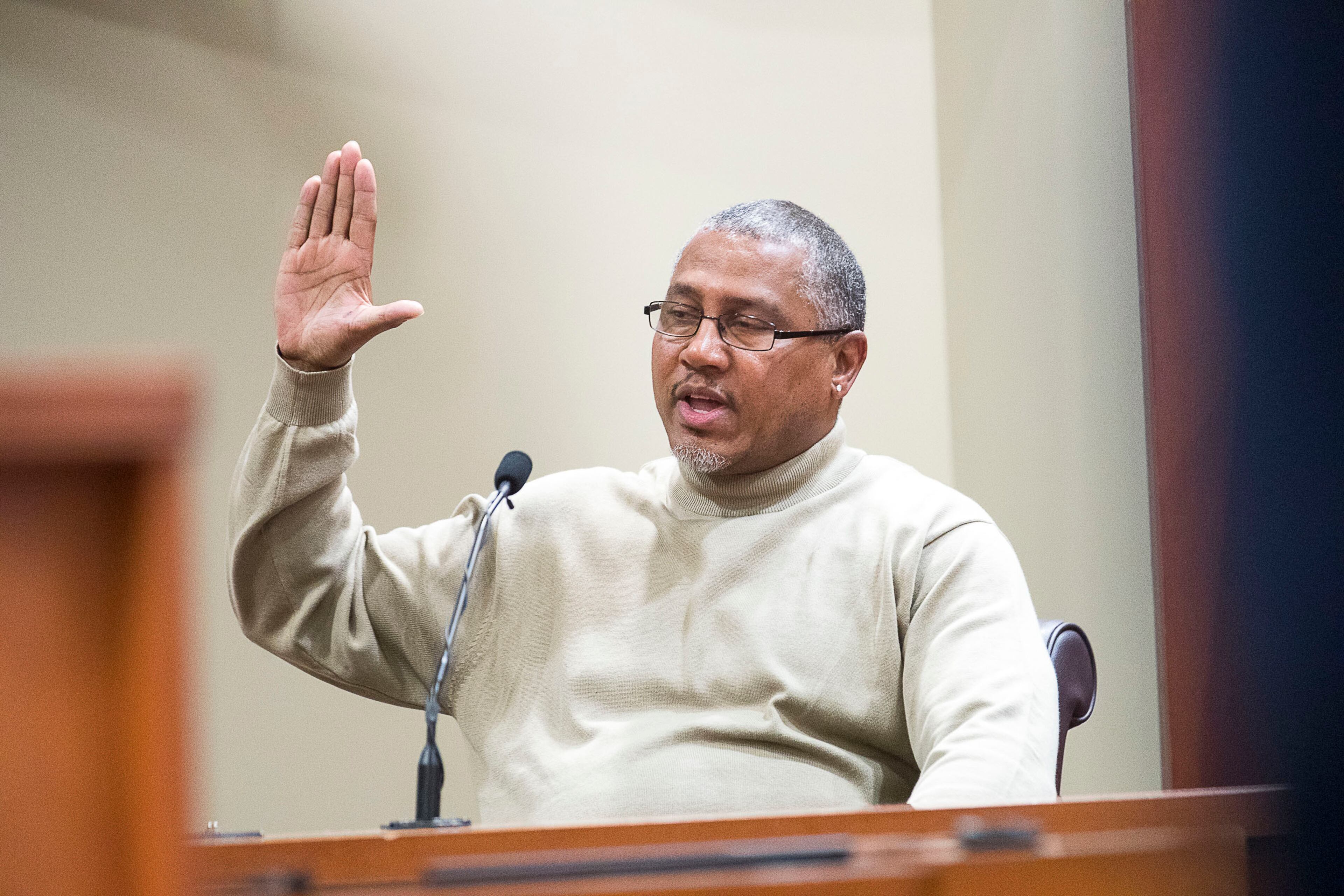 10/14/2019 -- Decatur, Georgia -- Anthony Hill Sr., father of Anthony Hill, speaks on the witness stand, asking that DeKalb County Superior Court Judge LaTisha Dear Jackson revoke a bond for Robert "Chip" Olsen after he was found not guilty of felony murder against his son at the DeKalb County Courthouse in Decatur, Monday, October 14, 2019.(Alyssa Pointer/Atlanta Journal Constitution)