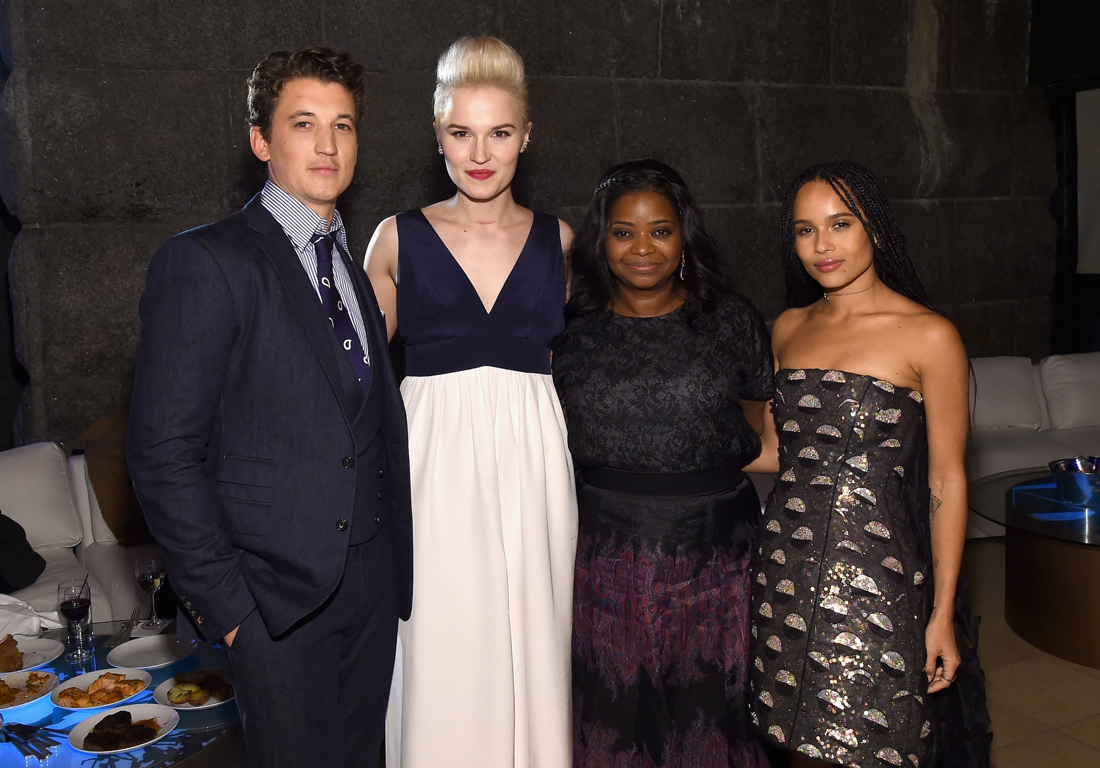 NEW YORK, NY - MARCH 16: (L-R) Miles Teller, Veronica Roth, Octavia Spencer, and Zoe Kravitz attend "The Divergent Series: Insurgent" New York premiere after party at Guastavino's on March 16, 2015 in New York City. (Photo by Larry Busacca/Getty Images)
