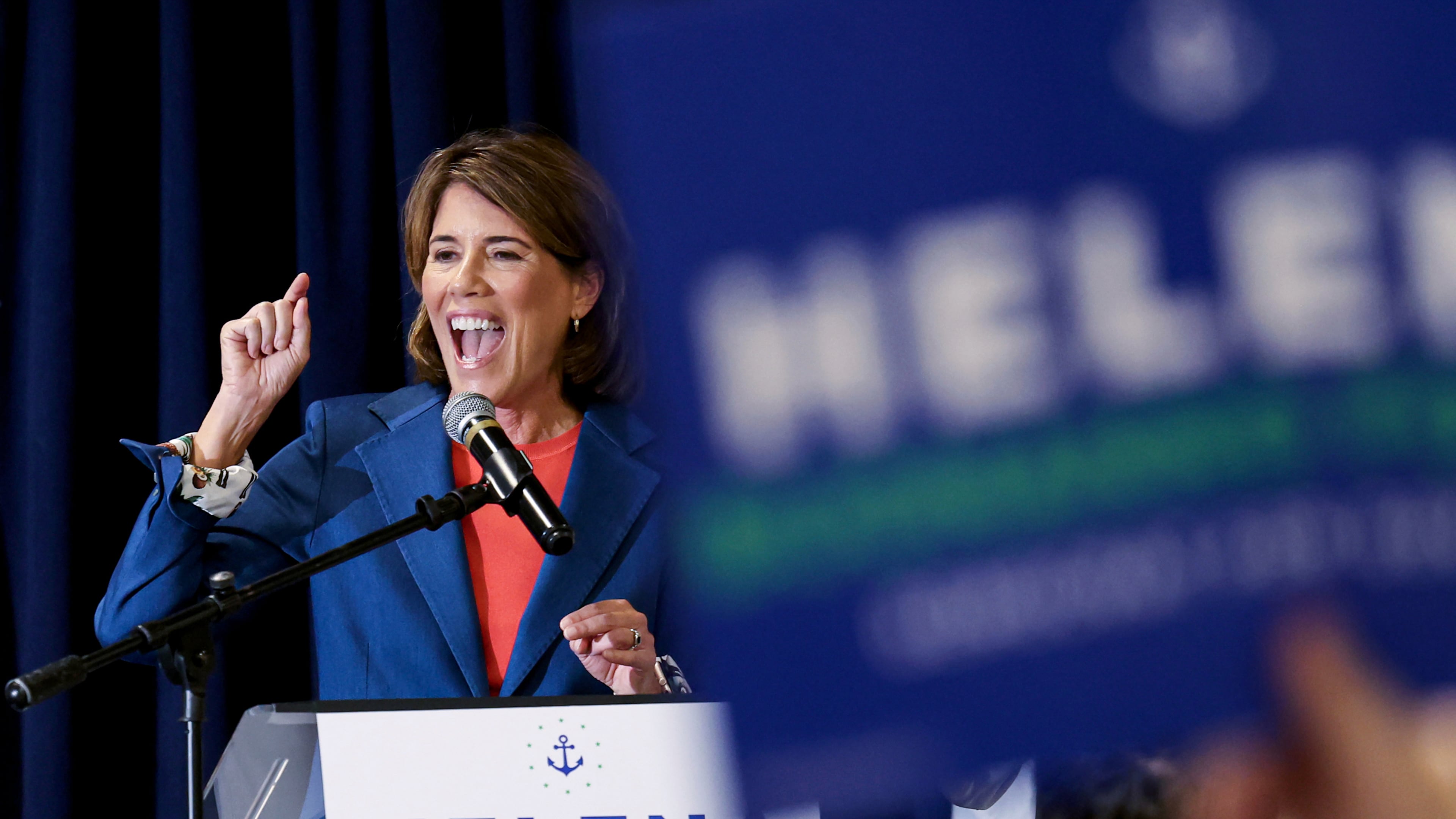 FILE - Candidate for Rhode Island governor Helena Buonanno Foulkes speaks during a Get Out the Vote event, Aug. 30, 2026, in Providence, R.I. (AP Photo/Mark Stockwell, File)