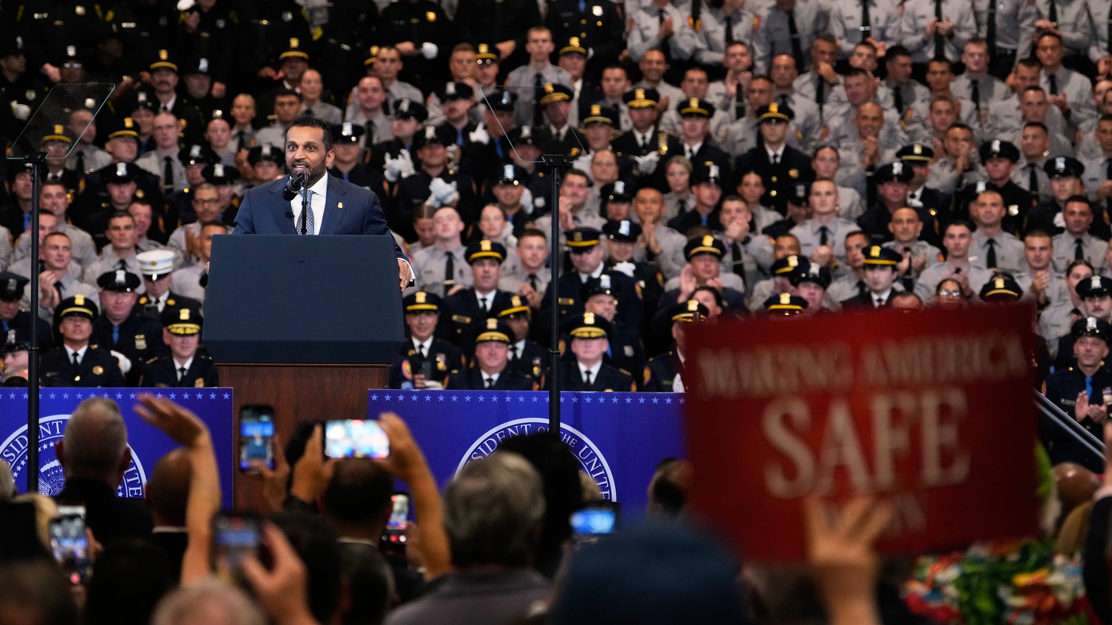 FBI director Kash Patel speaks before President Donald Trump at the David Mack Center for Training and Intelligence, Friday, Aug. 14, 2026, in Garden City, N.Y. (AP Photo/Yuki Iwamura)
