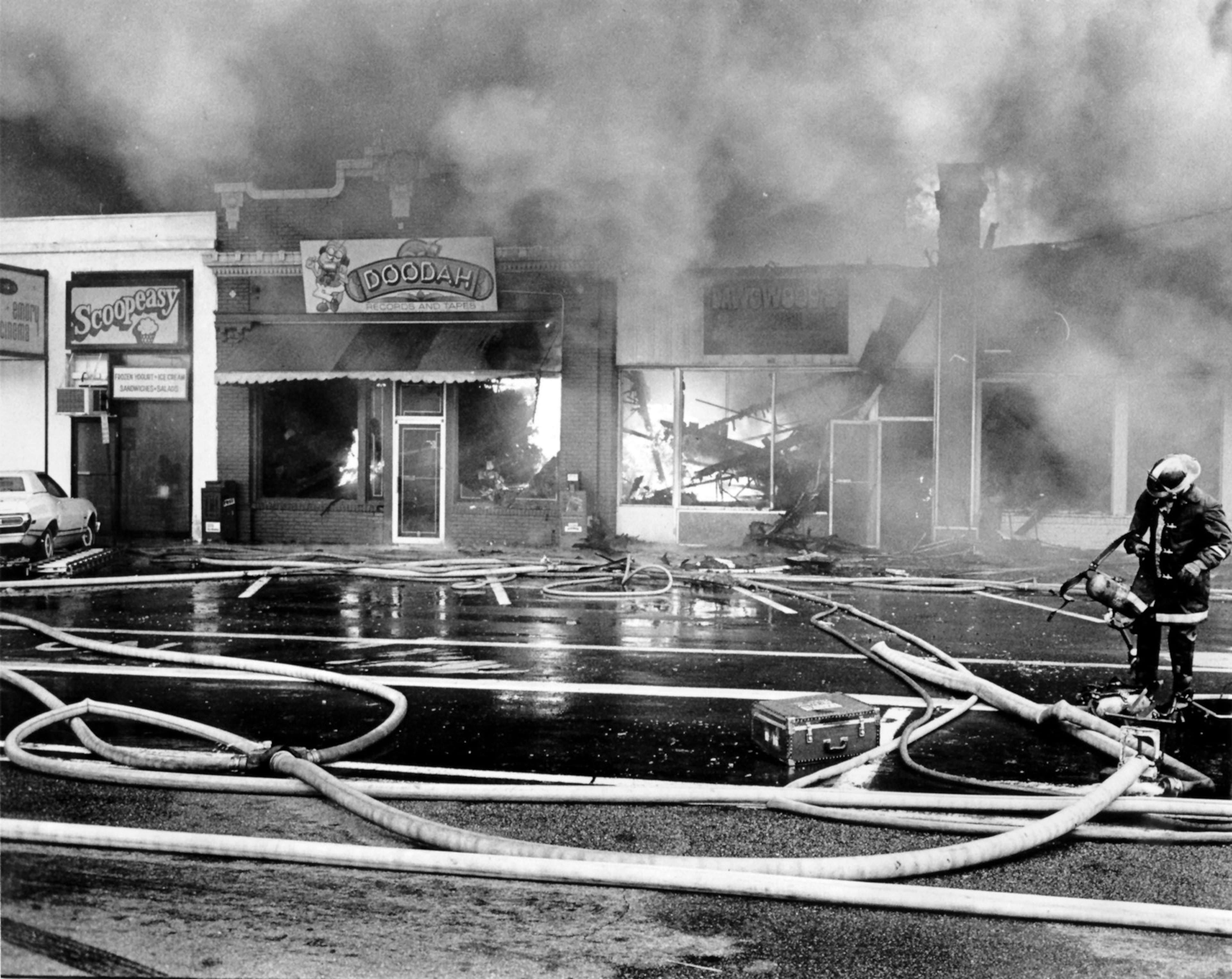 Front of building that burned across from Emory University in Jan 1979. This was the Emory Village area.