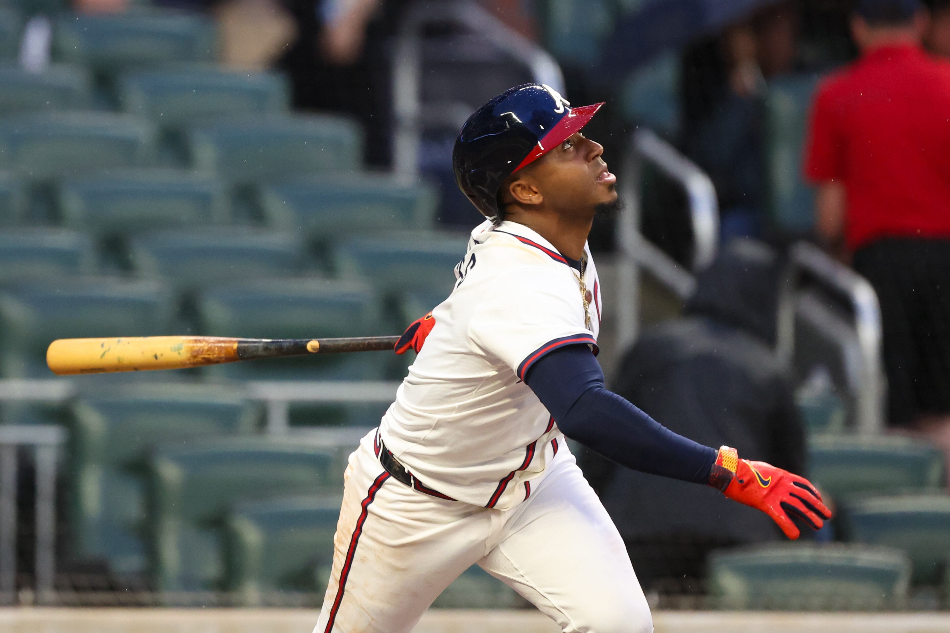 Atlanta Braves second base Ozzie Albies (1) singles in the third inning of the Braves versus Philadelphia Phillies game at Truist Park in Atlanta on Thursday, April 10, 2025. (Arvin Temkar / AJC)