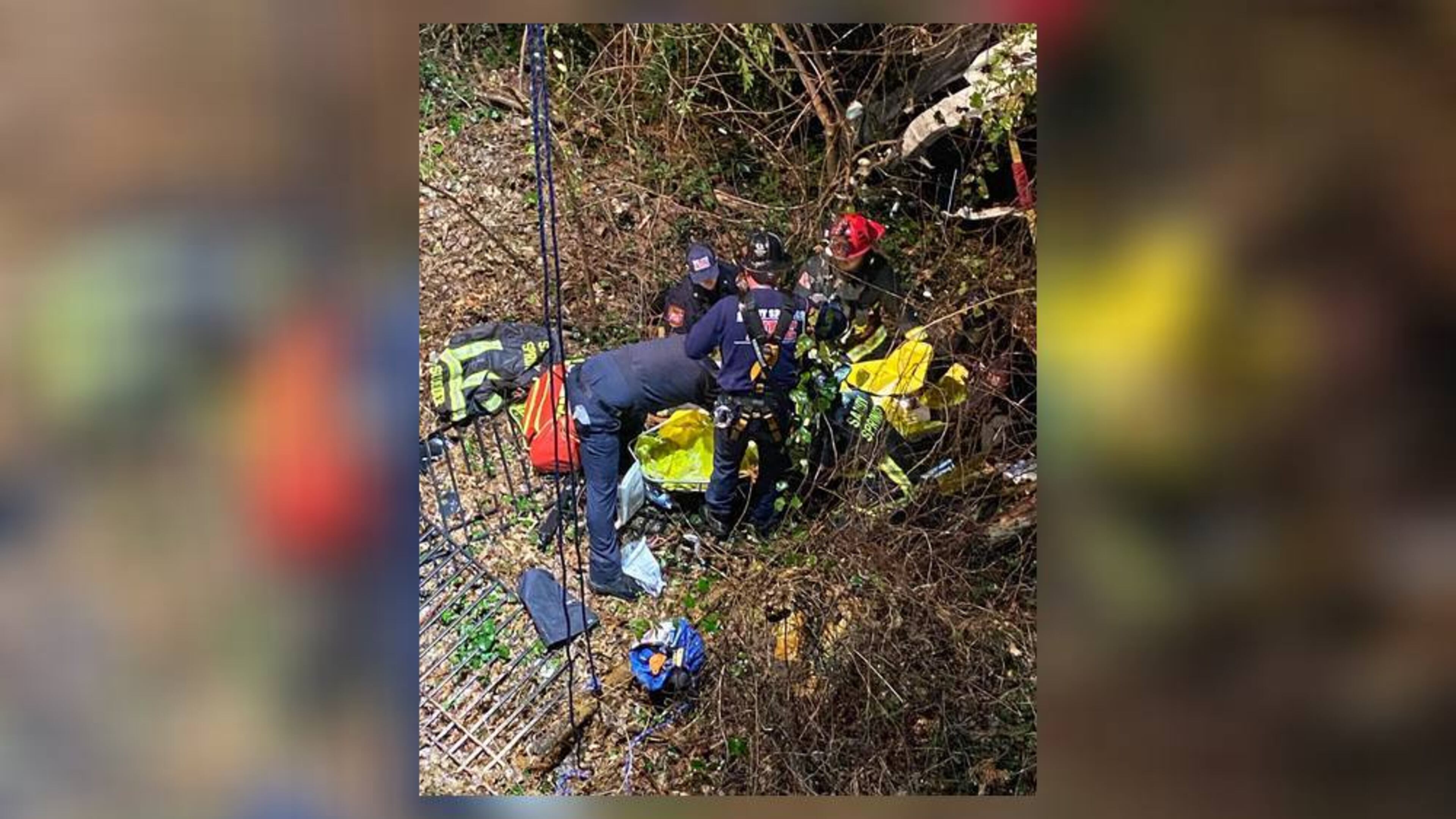 A driver was trapped in their vehicle after falling 40 feet into a ravine in Sandy Springs on Wednesday night. (Credit: Sandy Springs Fire Department)