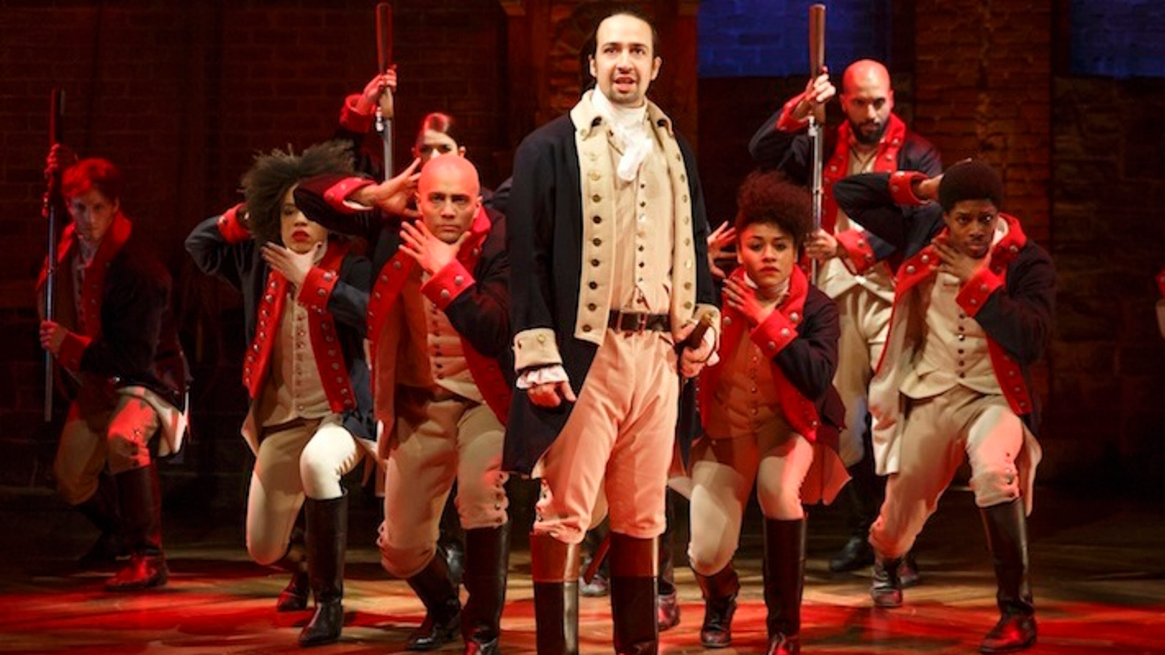 This image released by The Public Theater shows Lin-Manuel Miranda, foreground, with the cast during a performance of "Hamilton," in New York. "Hamilton," the hip-hop stage biography of Alexander Hamilton won the 2016 Pulitzer Prize for drama on Monday, April 18, 2016. (Joan Marcus/The Public Theater via AP)