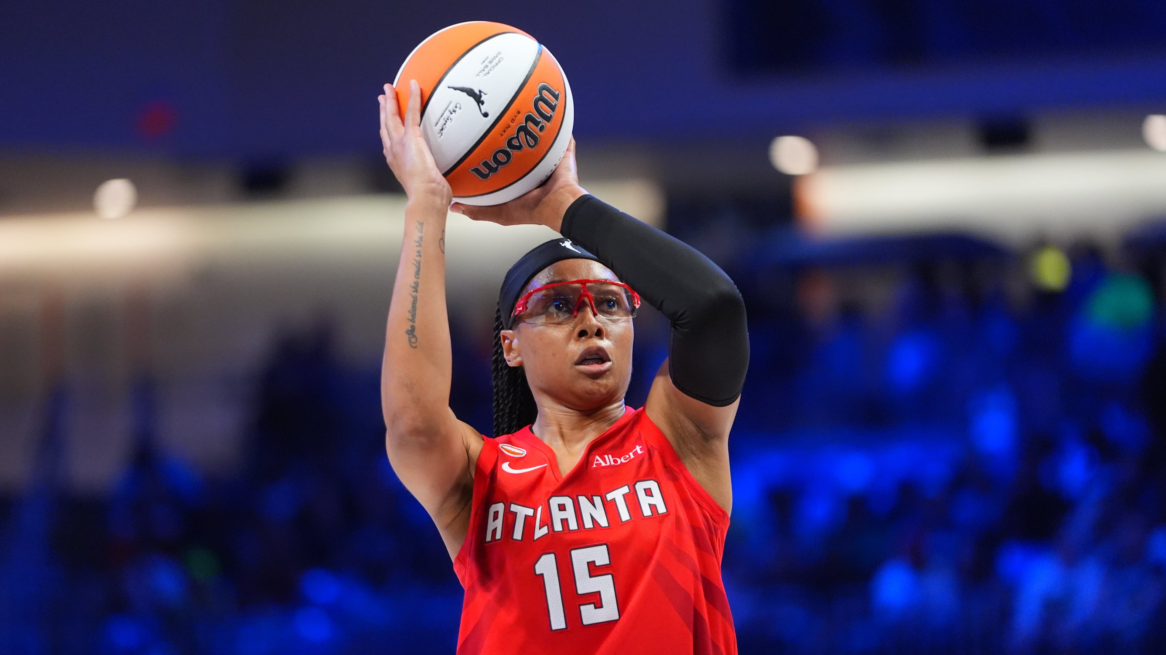 Dream guard Allisha Gray shoots a free throw during the first half of a WNBA basketball game against the Dallas Wings in Arlington, Texas, Tuesday, May 12, 2026. (AP Photo/LM Otero)