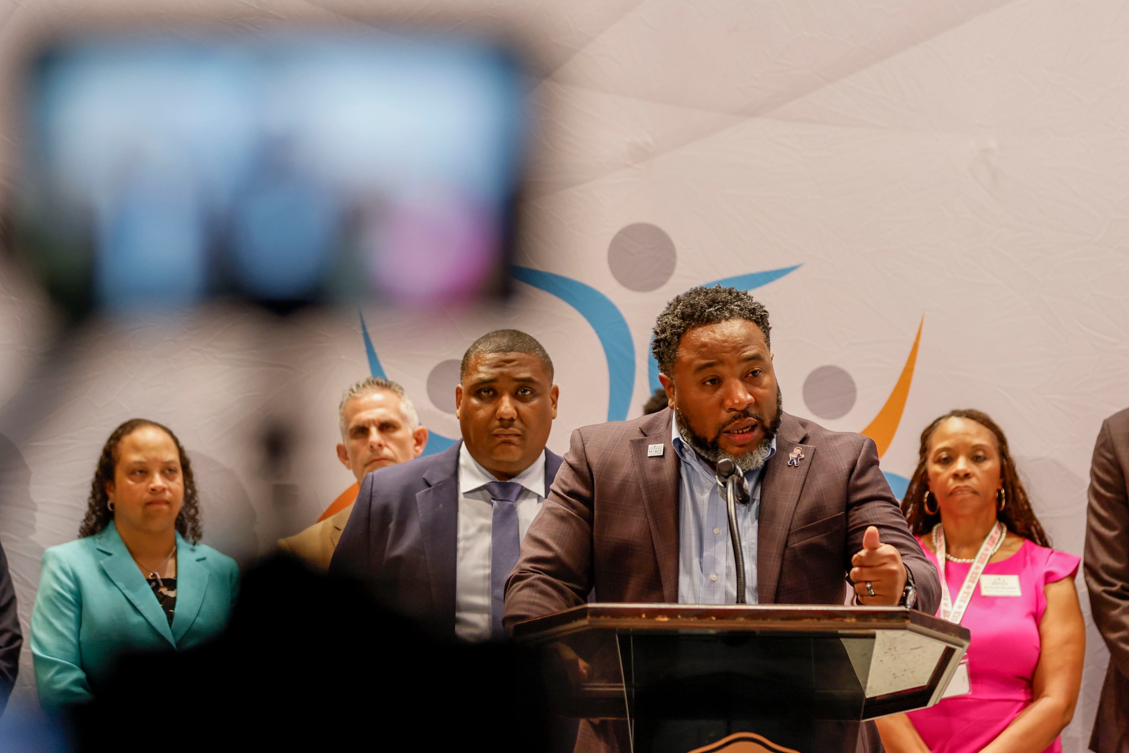 DeKalb County School Board Superintendent Devon Horton speaks during a press conference on April 29, 2025, in the auditorium of Martin Luther King Jr. High School. Three students at the school are charged with engaging in a physical altercation with a teacher. (Miguel Martinez/AJC)