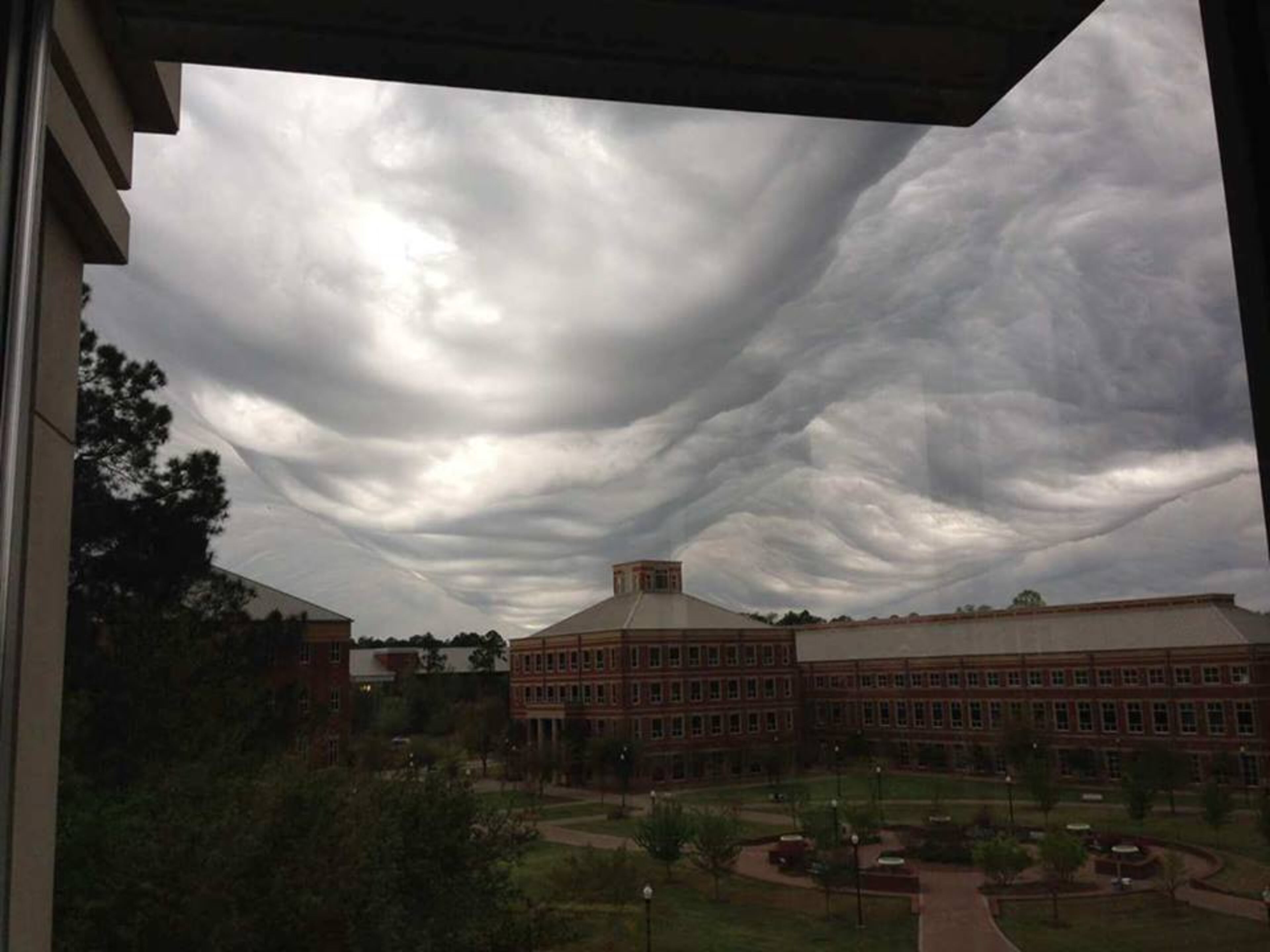 The clouds were seen in some parts of Georgia on Monday. Mar. 30. Chief Meteorologist Glenn Burns says the clouds, called undulatus asperatus, form because of agitation/waves in the atmosphere. They were discovered two years ago and are about to get their own cloud classification. This type of cloud is most commonly seen in the Midwest ahead of big thunderstorms.