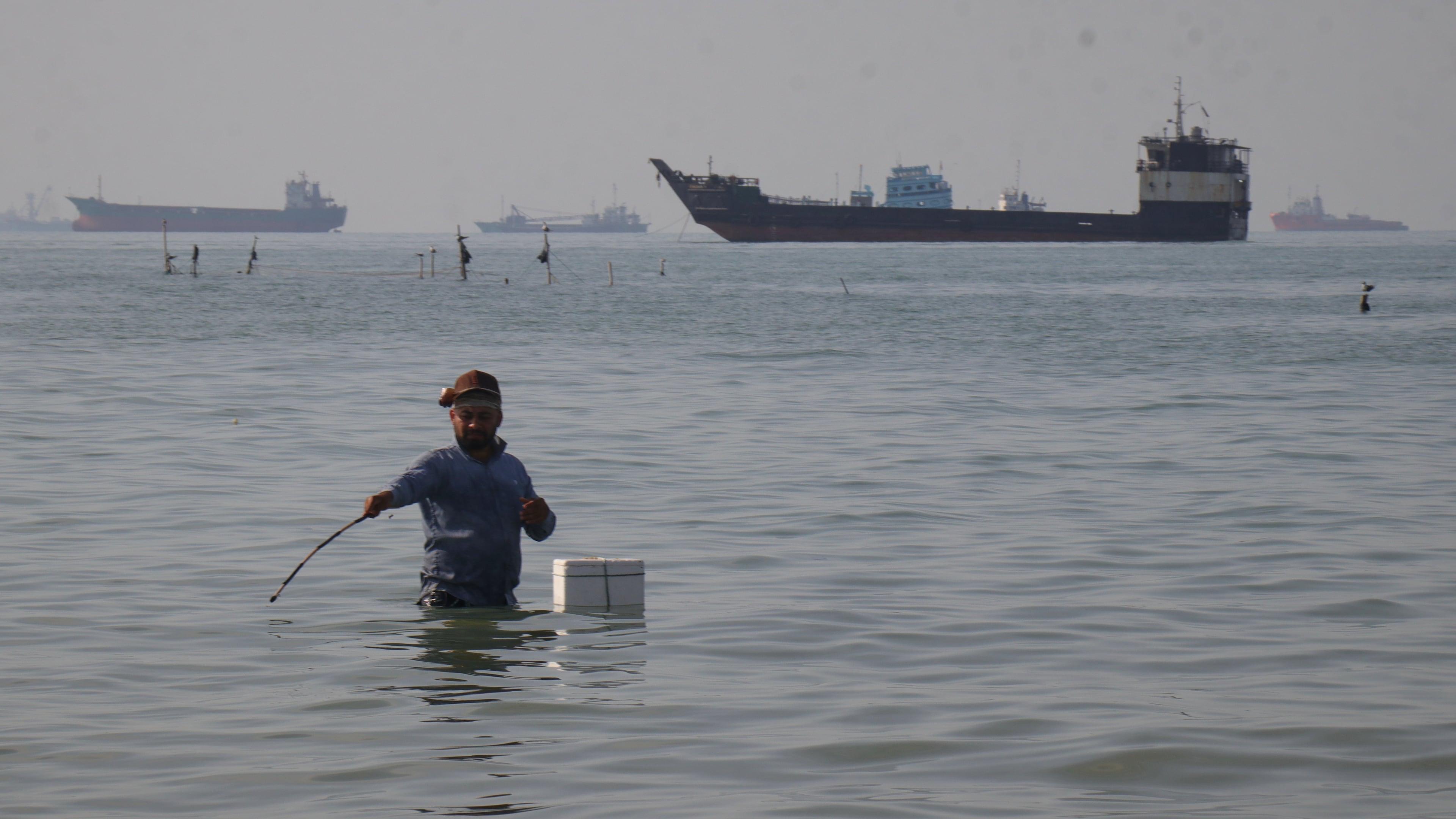A man stands in the water, appearing to fish, as bulk carriers, cargo ships, and service vessels line the horizon in the Strait of Hormuz off Bandar Abbas, Iran, Monday, April 27, 2026.(Razieh Poudat/ISNA via AP)