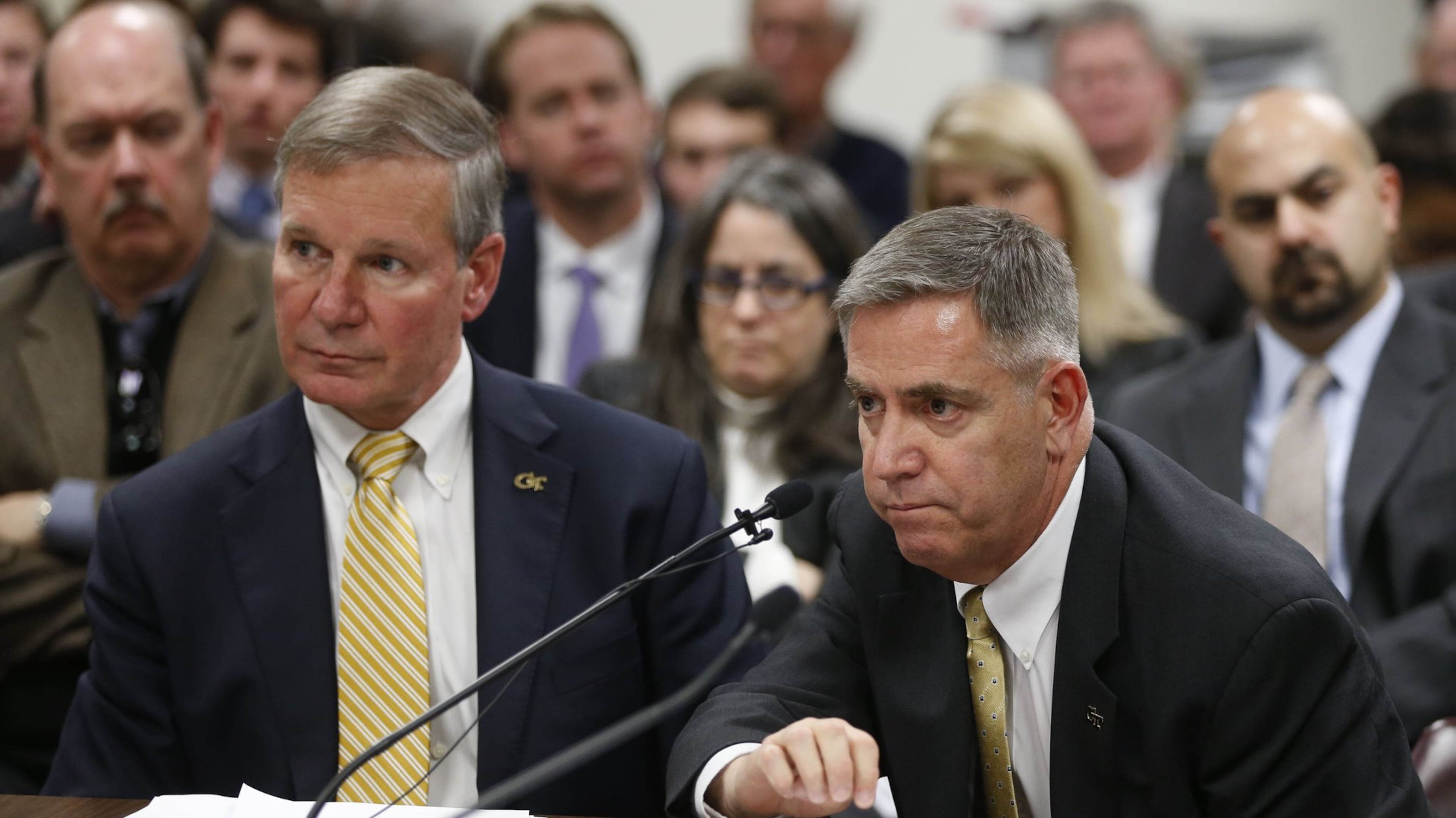 In January 2016, Georgia Tech president Bud Peterson (left) and Dean of Students John M. Stein were among the witnesses at a committee meeting, called by State Rep. Earl Ehrhart, chairman of the committee that allocates funds to Georgia’s colleges, that is reviewing the due process policies at all of Georgia’s colleges, but particularly Georgia Tech. BOB ANDRES / BANDRES@AJC.COM