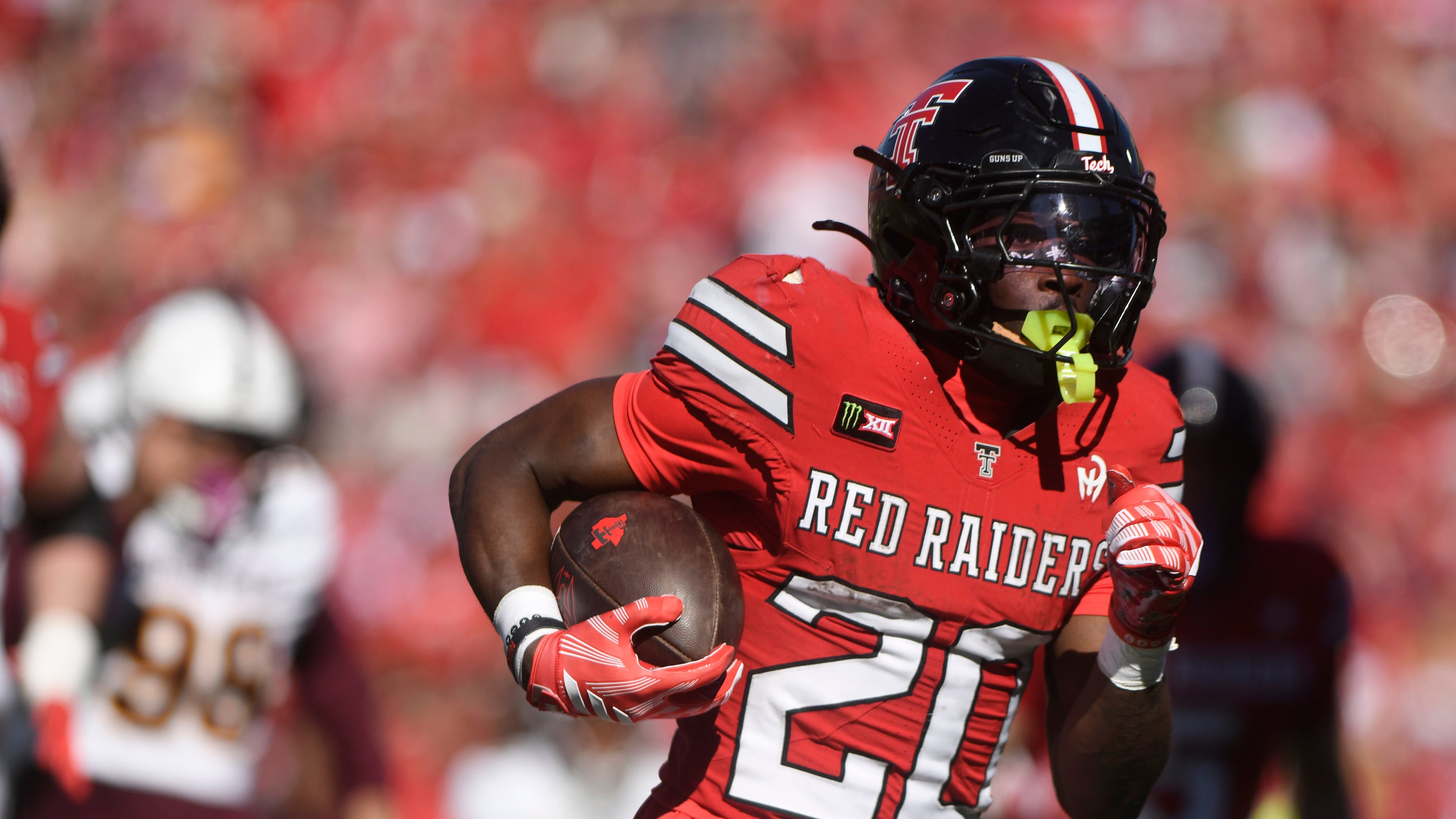 Texas Tech running back J'koby Williams (20) runs for a touchdown during the first half of an NCAA college football game against Arizona State, Saturday, Oct. 17, 2026, in Lubbock, Texas. (AP Photo/Annie Rice)