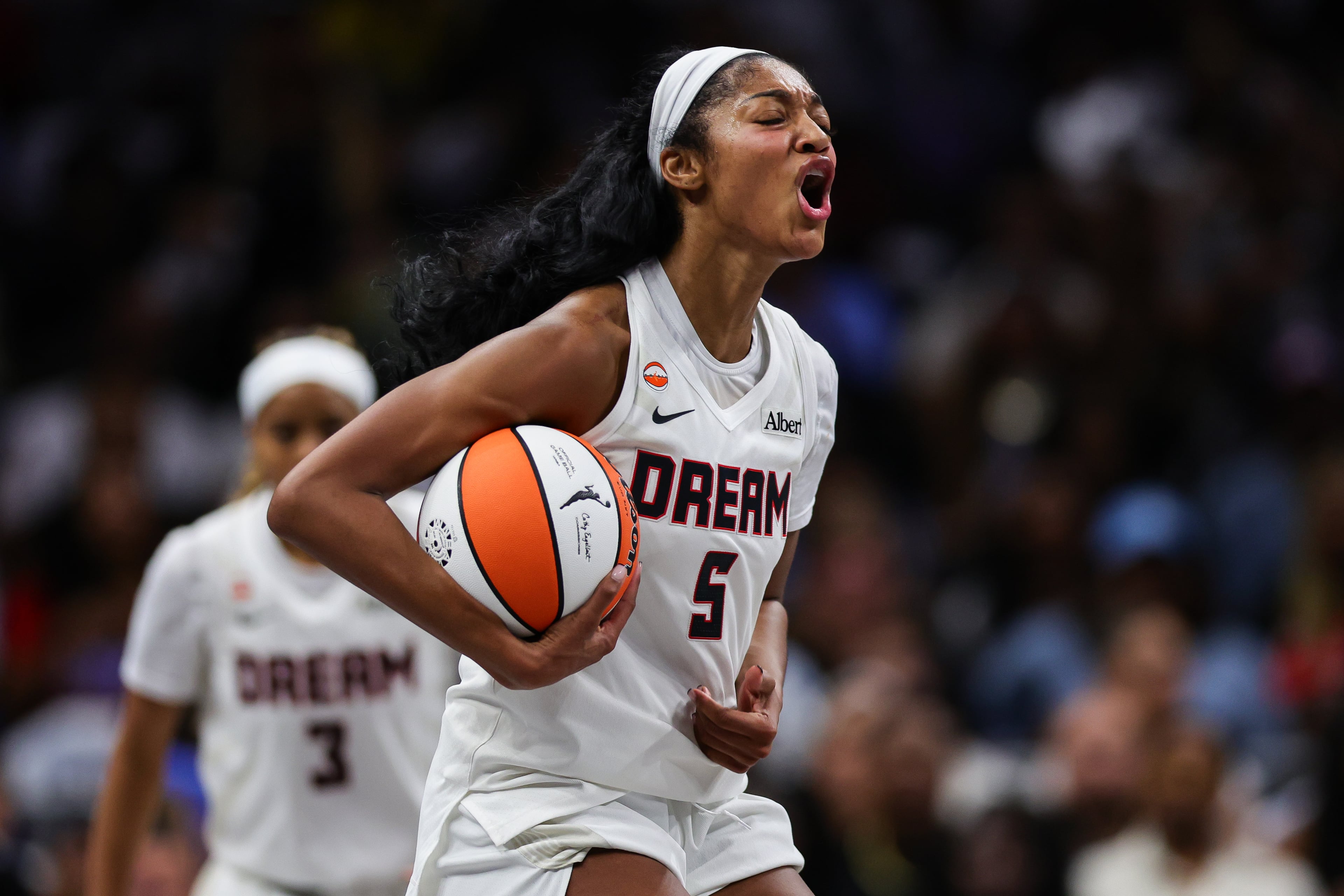 Atlanta Dream forward Angel Reese reacts during the first half of Game 1 of the WNBA basketball semifinals against the New York Liberty, Sunday, Oct. 4, 2026, in Atlanta. (Colin Hubbard/AP)