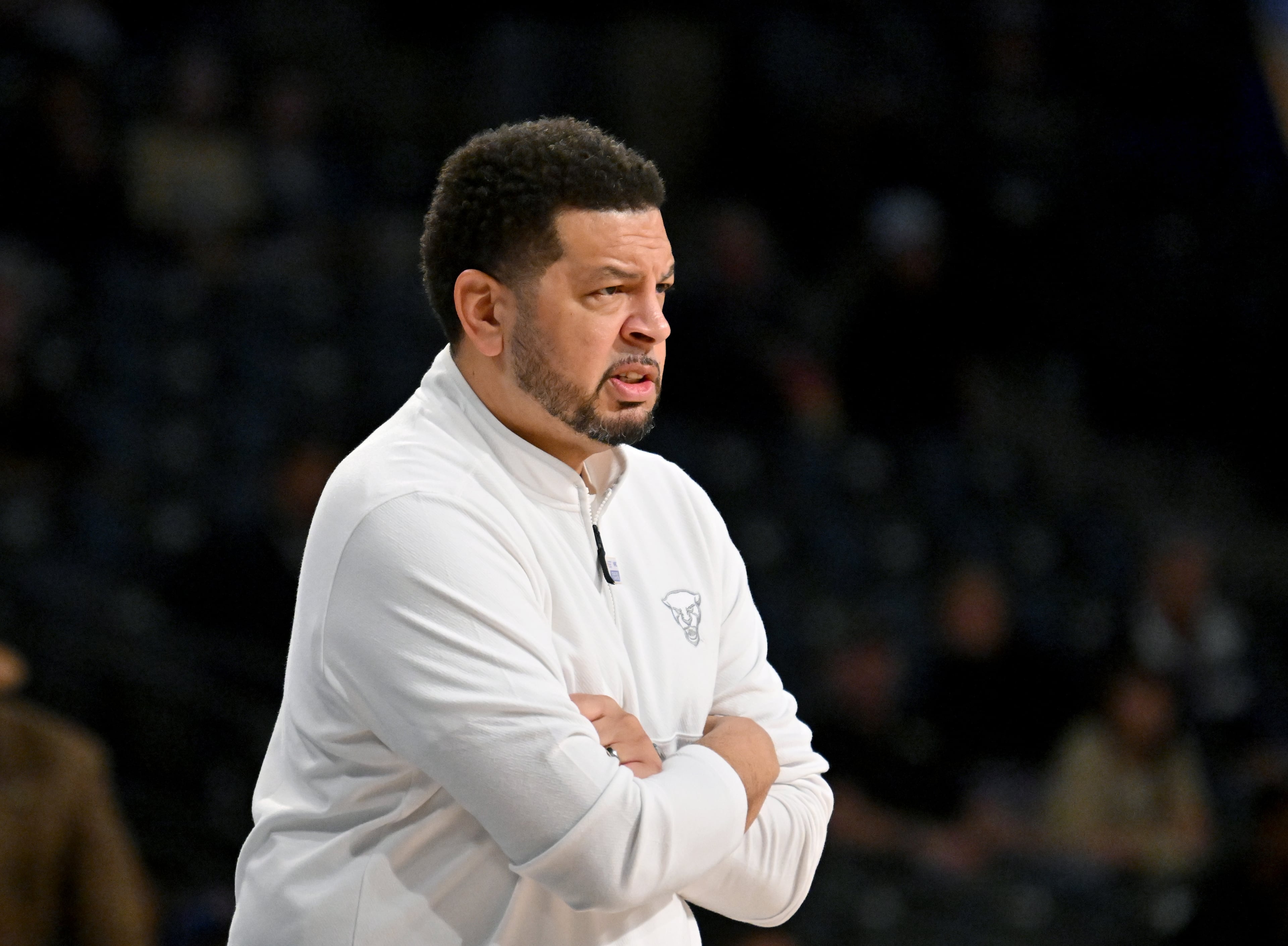 Pittsburgh head coach Jeff Capel reacts during the first half of an NCAA college basketball game at Georgia Tech’s McCamish Pavilion, Tuesday, January 23, 2024, in Atlanta. (Hyosub Shin / Hyosub.Shin@ajc.com)