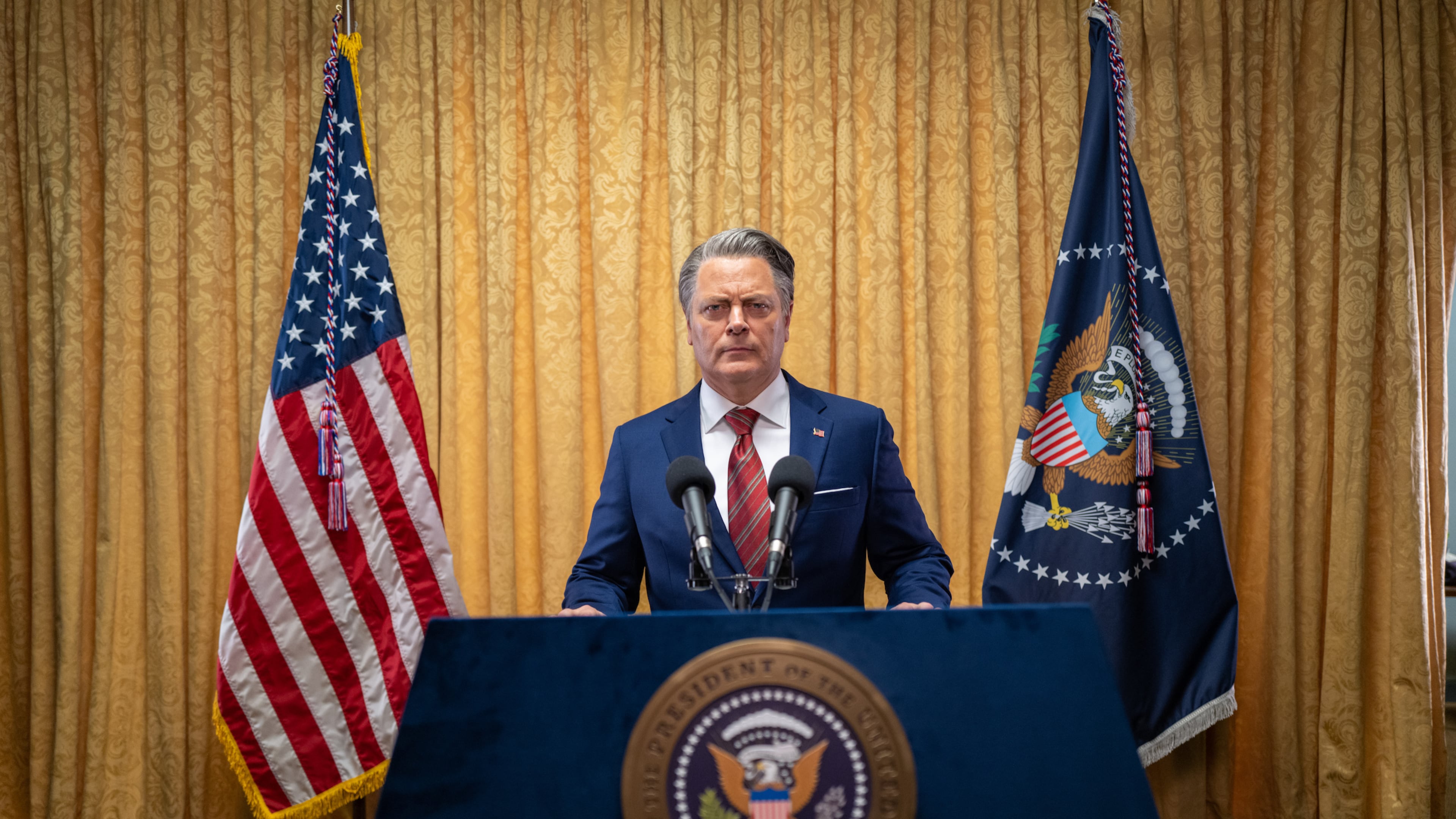 Nick Offerman plays an American president who declares war on a Western Forces alliance of California and Texas in "Civil War," now playing in Atlanta theaters.
(Courtesy of A24 / Murray Close)