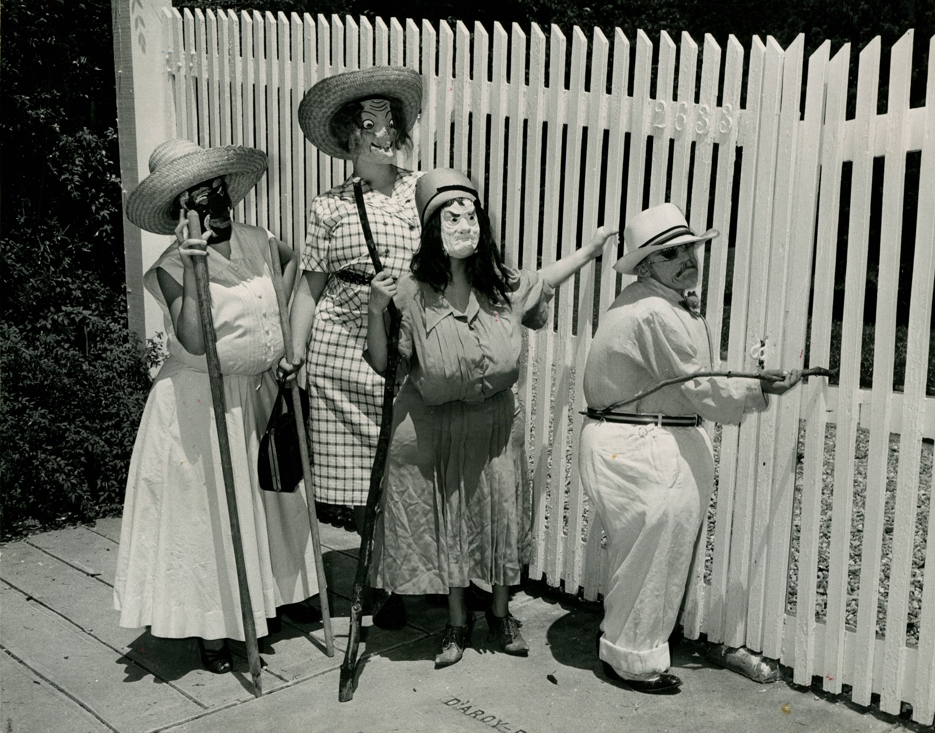 Beverly and Martha Ringson and Barbara and Frank Miller dressed up as "Fantastics" Augusta, Georgia, July 1954. Fantastics Day was celebrated in Augusta, Georgia, on July 4. Children dressed up in "fantastic" costumes and roamed the streets of Augusta. Photo stamped on: July 3 1954.