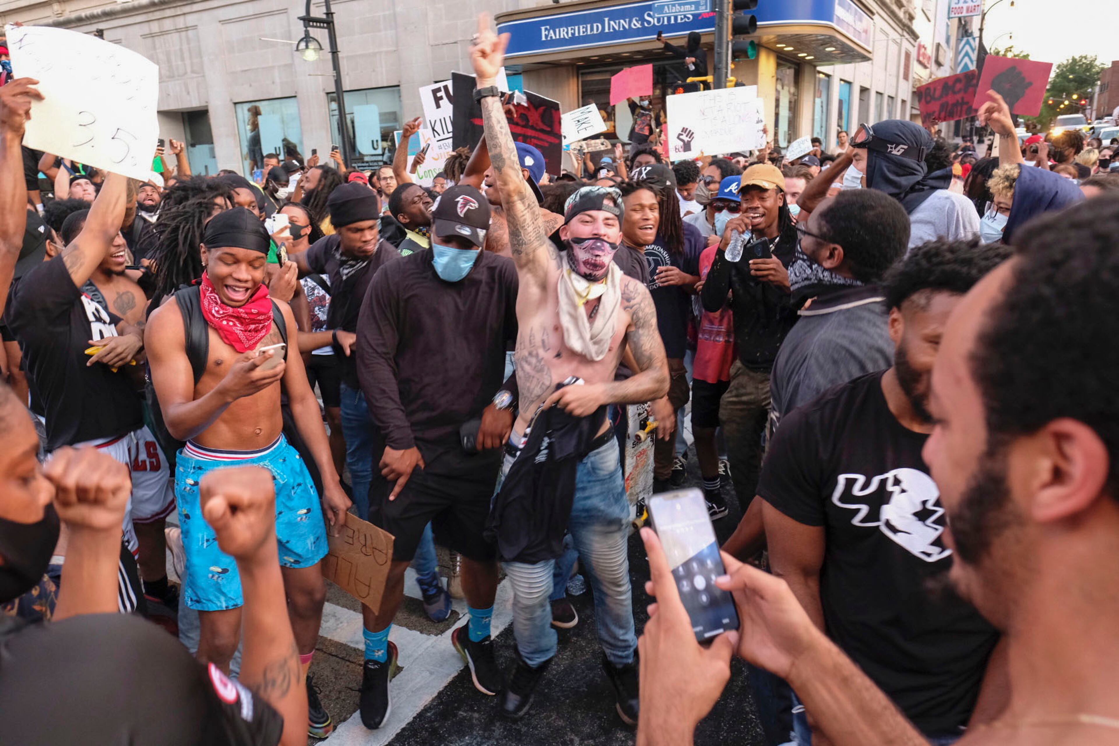 June 2, 2020 - Atlanta - Protestors in downtown Atlanta as protests continued for a fourth day. Protests over the death of George Floyd in Minneapolis police custody continued around the United States, as his case renewed anger about others involving African Americans, police and race relations. Ben Gray for the Atlanta Journal Constitution