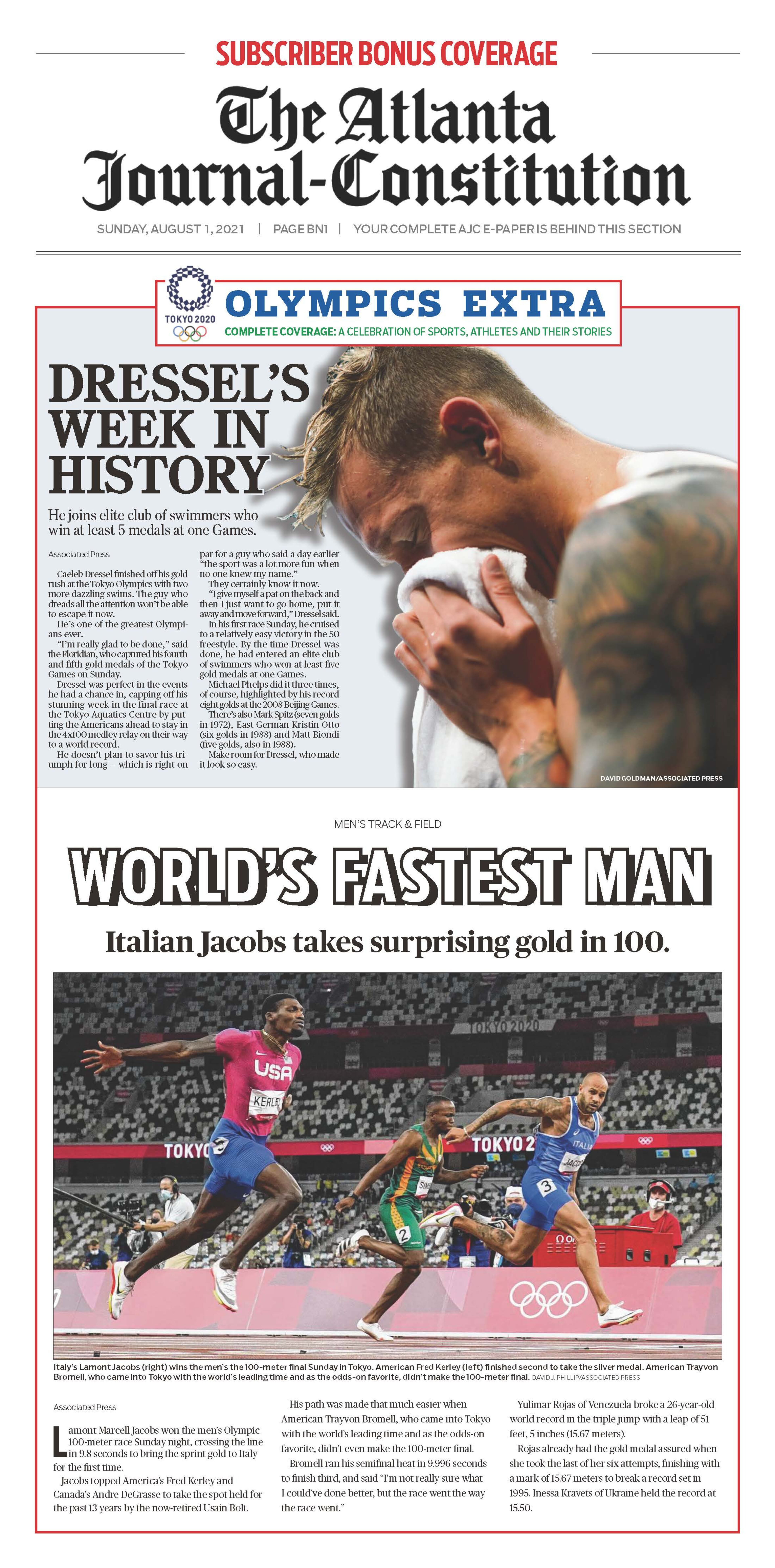 Tokyo Olympic Extra in today’s ePaper: 100-meter results, gymnastics and more. (The Atlanta Journal-Constitution / AJC ePaper)
