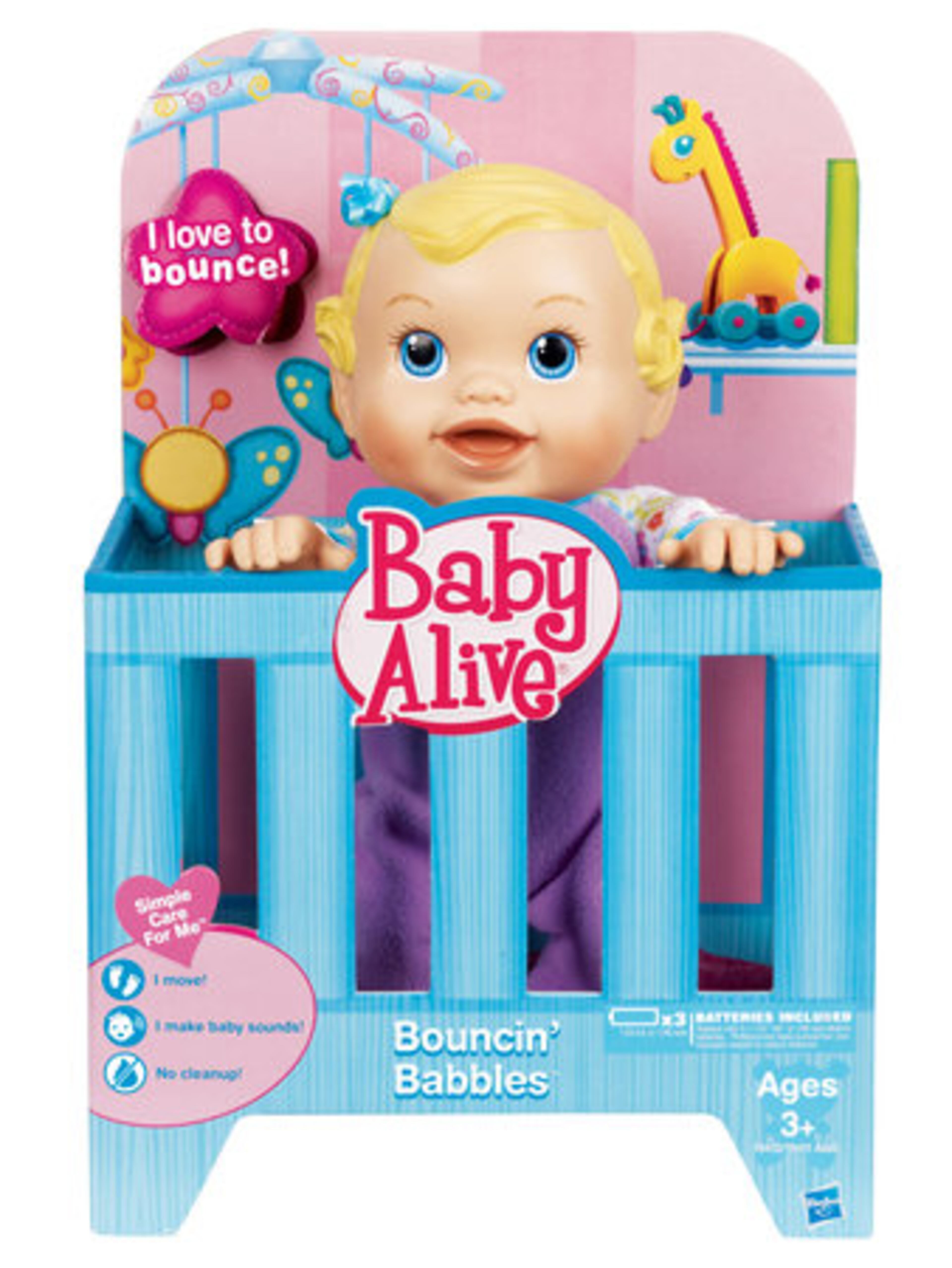 Baby Alive Bouncin' Babbles from Hasbro moves and makes babbling sounds, just like a real toddler. Kids grab hold of their baby's hands to watch her spring to life, bouncing as she plays. 3 "AA" batteries required (included). Ages 3 years and up.