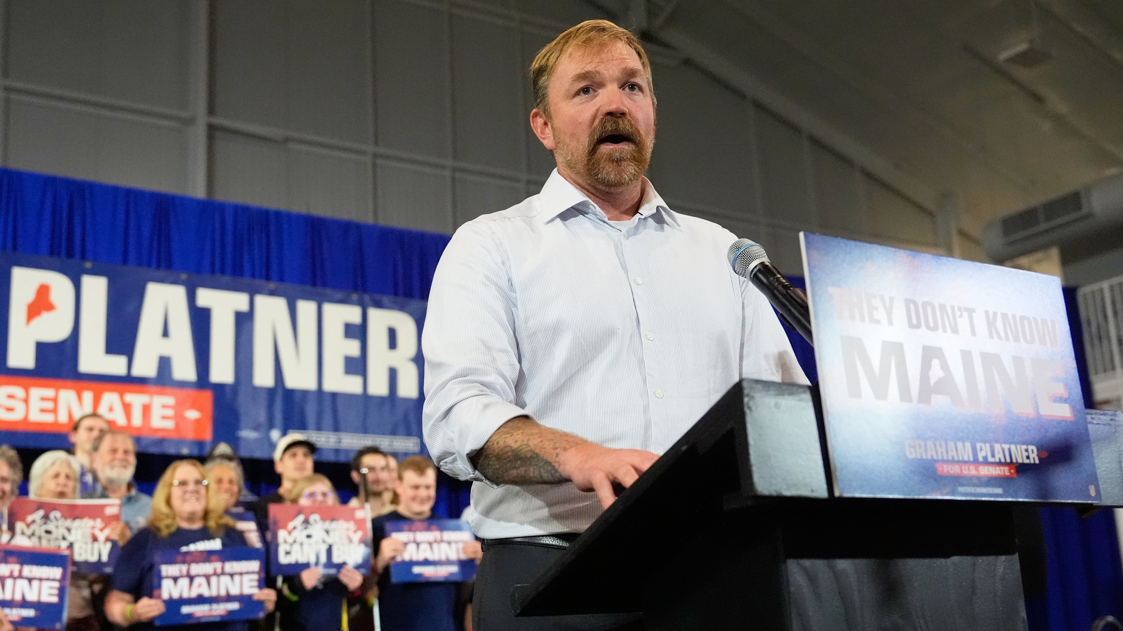 Democratic U.S. Senate candidate Graham Platner speaks during a primary election night watch party after winning the Democratic nomination Tuesday, June 9, 2026, in Blue Hill, Maine. (AP Photo/Robert F. Bukaty)