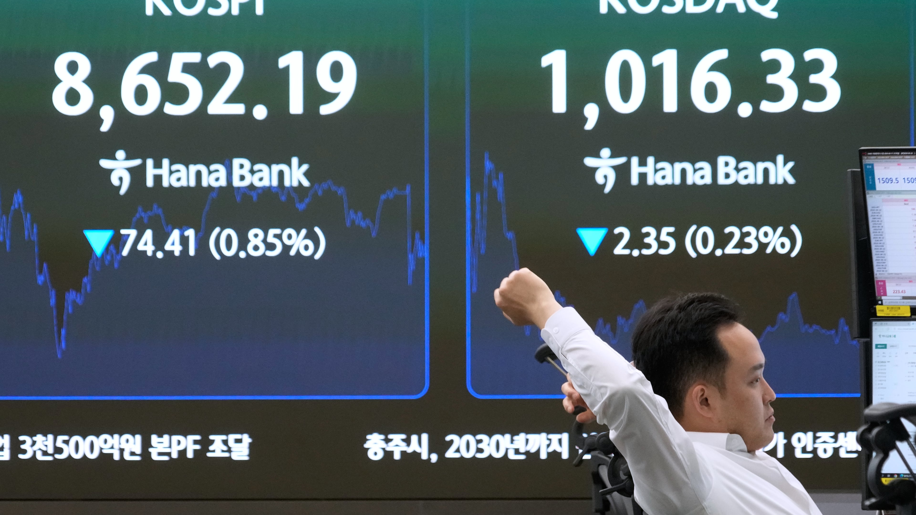 A currency trader stretches near a screen showing the Korea Composite Stock Price Index (KOSPI) at the foreign exchange dealing room of the Hana Bank headquarters in Seoul, South Korea, Wednesday, June 17, 2026. (AP Photo/Ahn Young-joon)