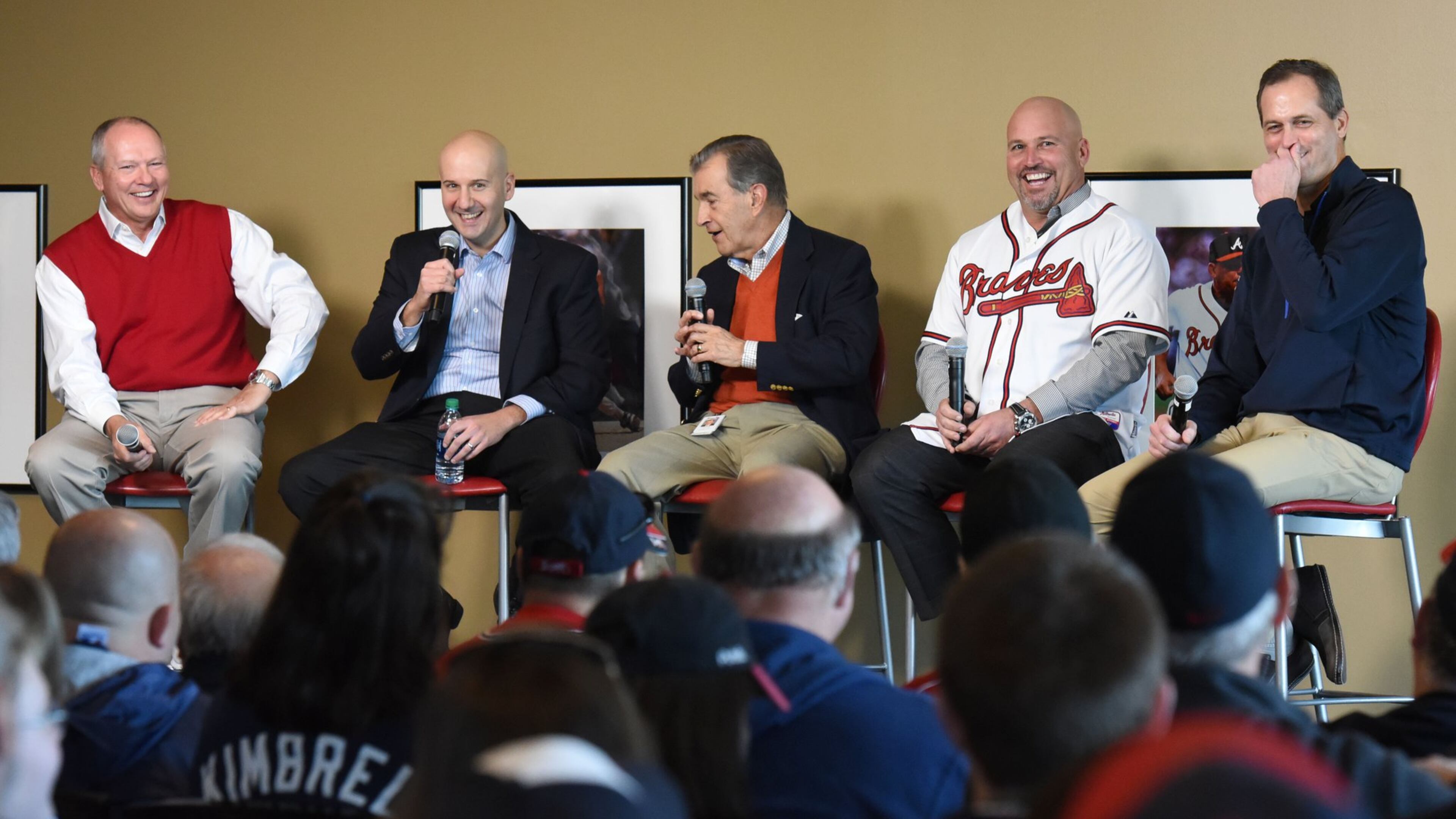 Braves general manager John Coppolella (second from left) speaks as broadcaster Joe Simpson, president John Schuerholz, manager Fredi Gonzalez and executive VP of sales and marketing Derek Schiller look on during a roundtable discussion at Turner Field on Saturday, Jan. 30, 2016. HYOSUB SHIN / HSHIN@AJC.COM
