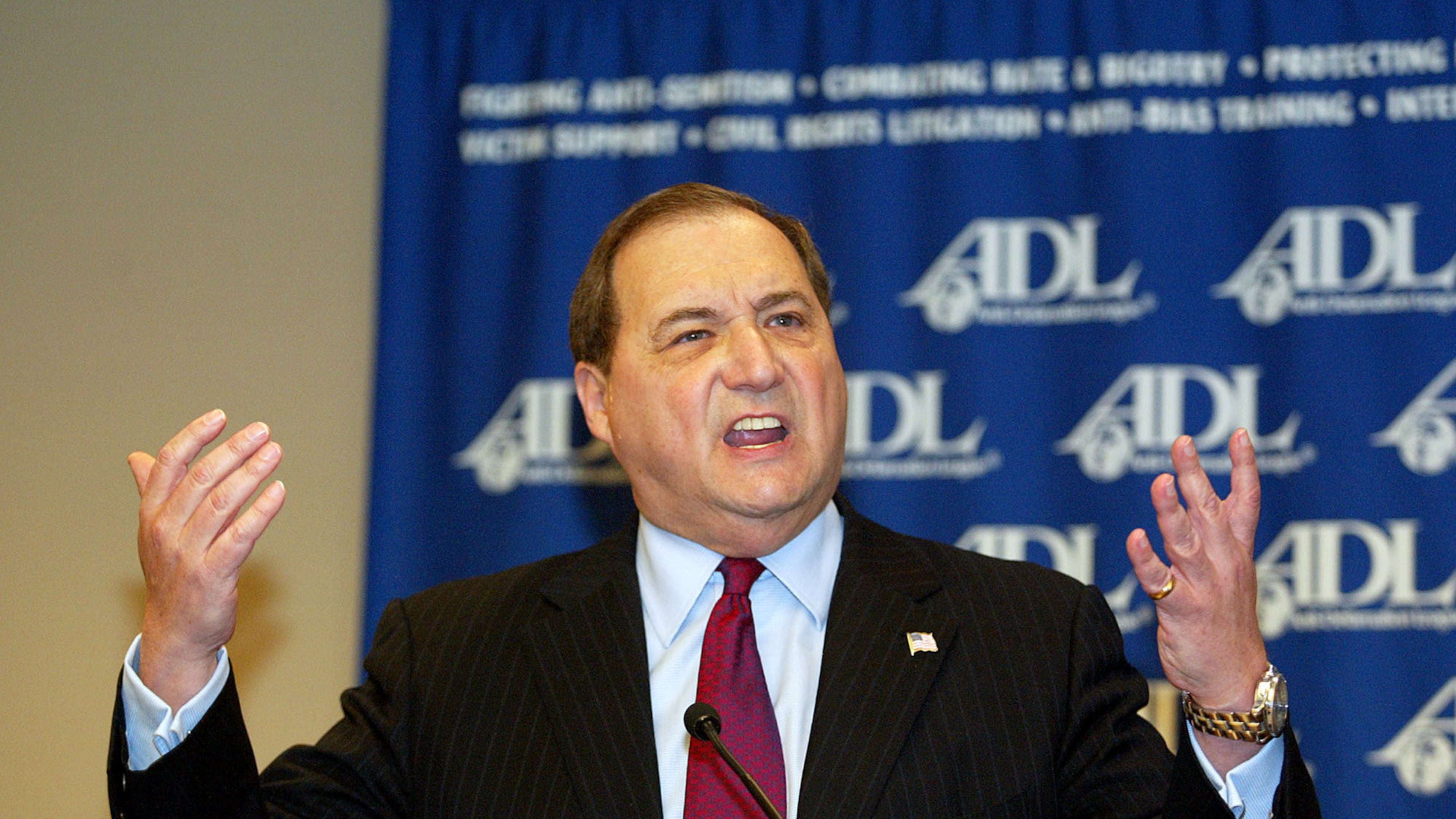 FILE - In this Feb. 25, 2004 file photo, Abe Foxman, national director of the Anti-Defamation League, speaks to reporters at the ADL's office in New York. (AP Photo/David Karp, File)
