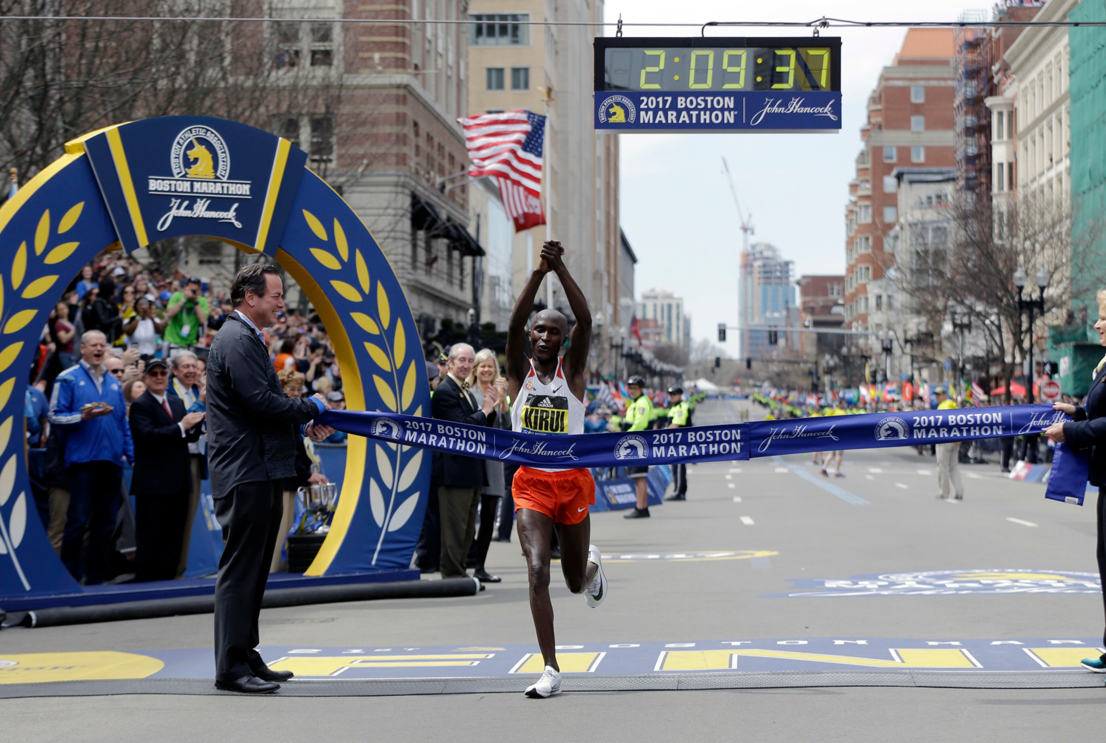 Geoffrey Kirui, of Kenya, crosses the finish line to win the 121st Boston Marathon on Monday, April 17, 2017, in Boston. (AP Photo/Elise Amendola)