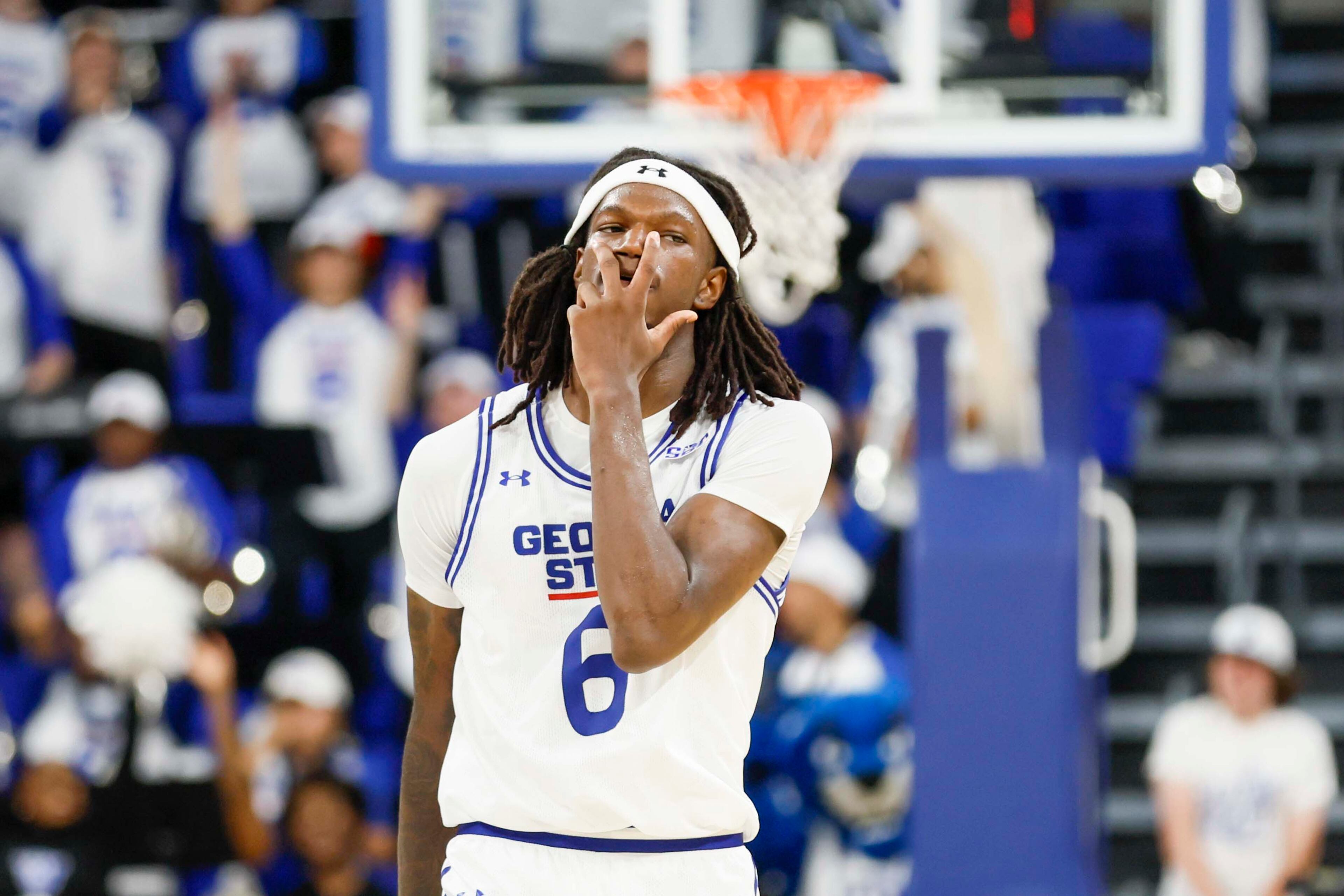 Georgia State Panthers forward Joah Chappelle (6) makes a gesture after hitting a three-pointer during the second half of an exhibition opener game against the Georgia Bulldogs at the Georgia State Convocation Center, Wednesday, October 15, 2025, in Atlanta.
(Miguel Martinez/ AJC)