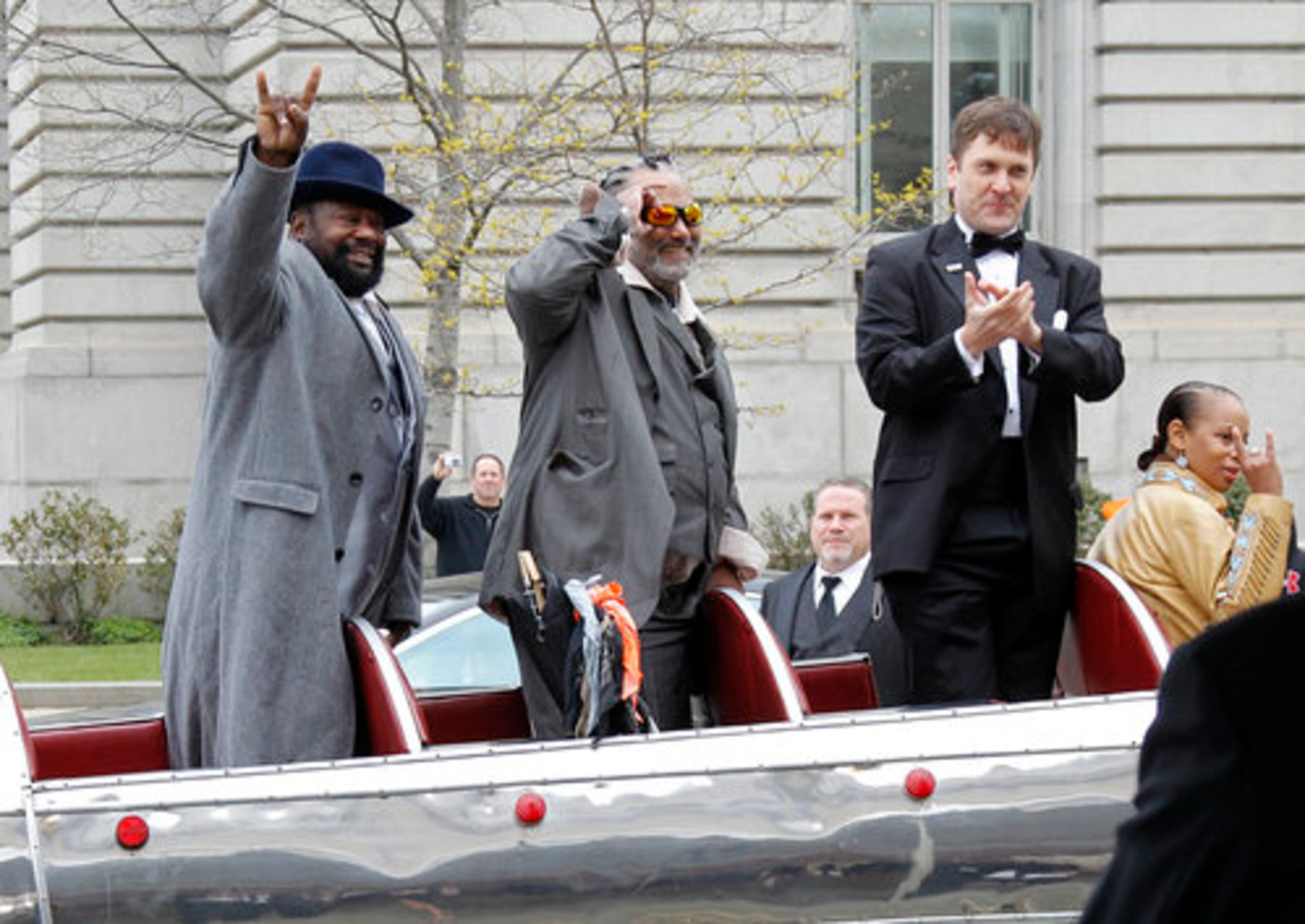 George Clinton, left, arrives for the 2012 Rock and Roll Hall of Fame induction ceremony in Cleveland on Saturday, April 14, 2012.