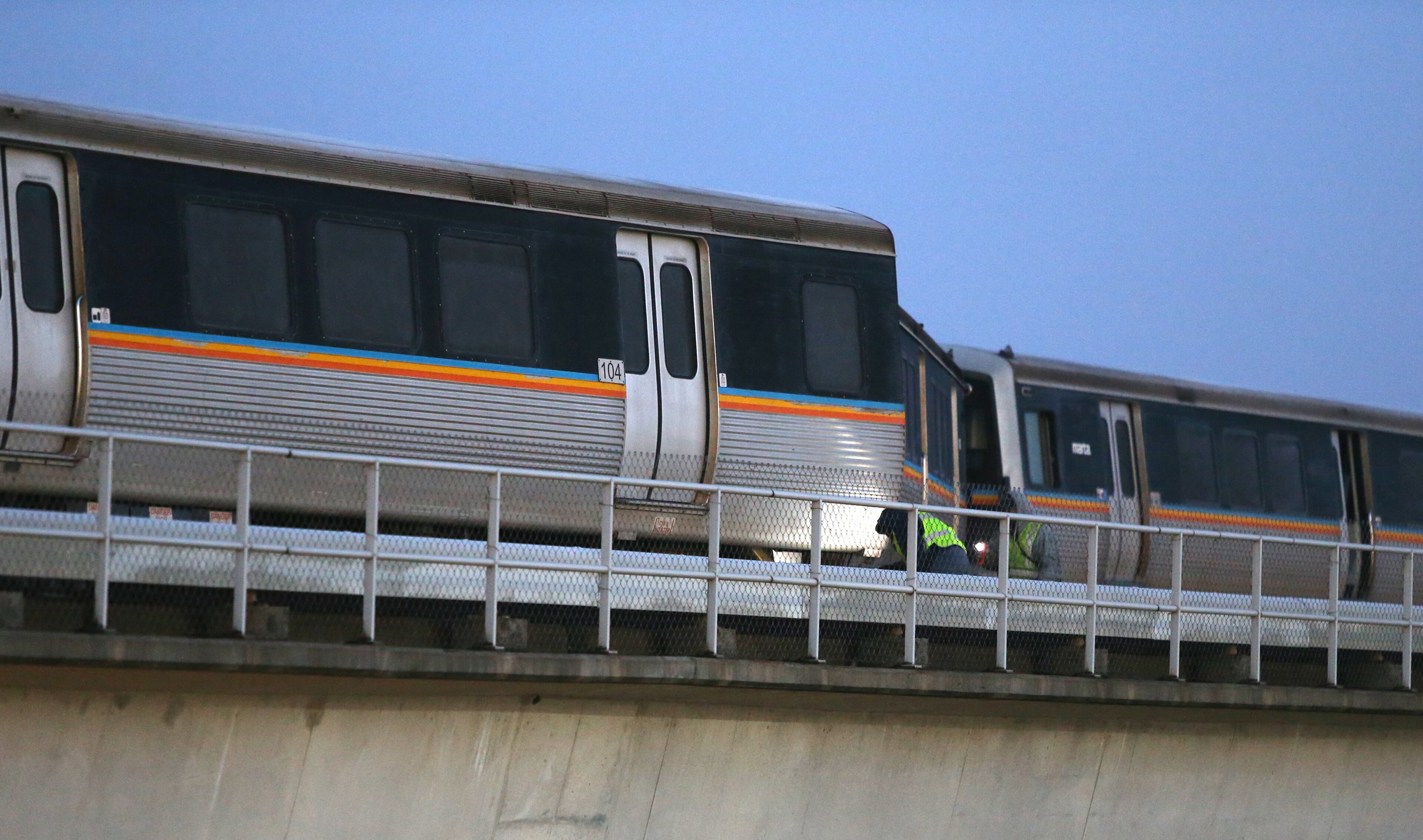 1/16/19 - Atlanta - MARTA employees inspect a derailed train at Hartsfield-Jackson International Airport. The train derailed Tuesday night and is waiting to be fixed. There is a shuttle to make up for the disabled train in the meantime.
EMILY HANEY / emily.haney@ajc.com
