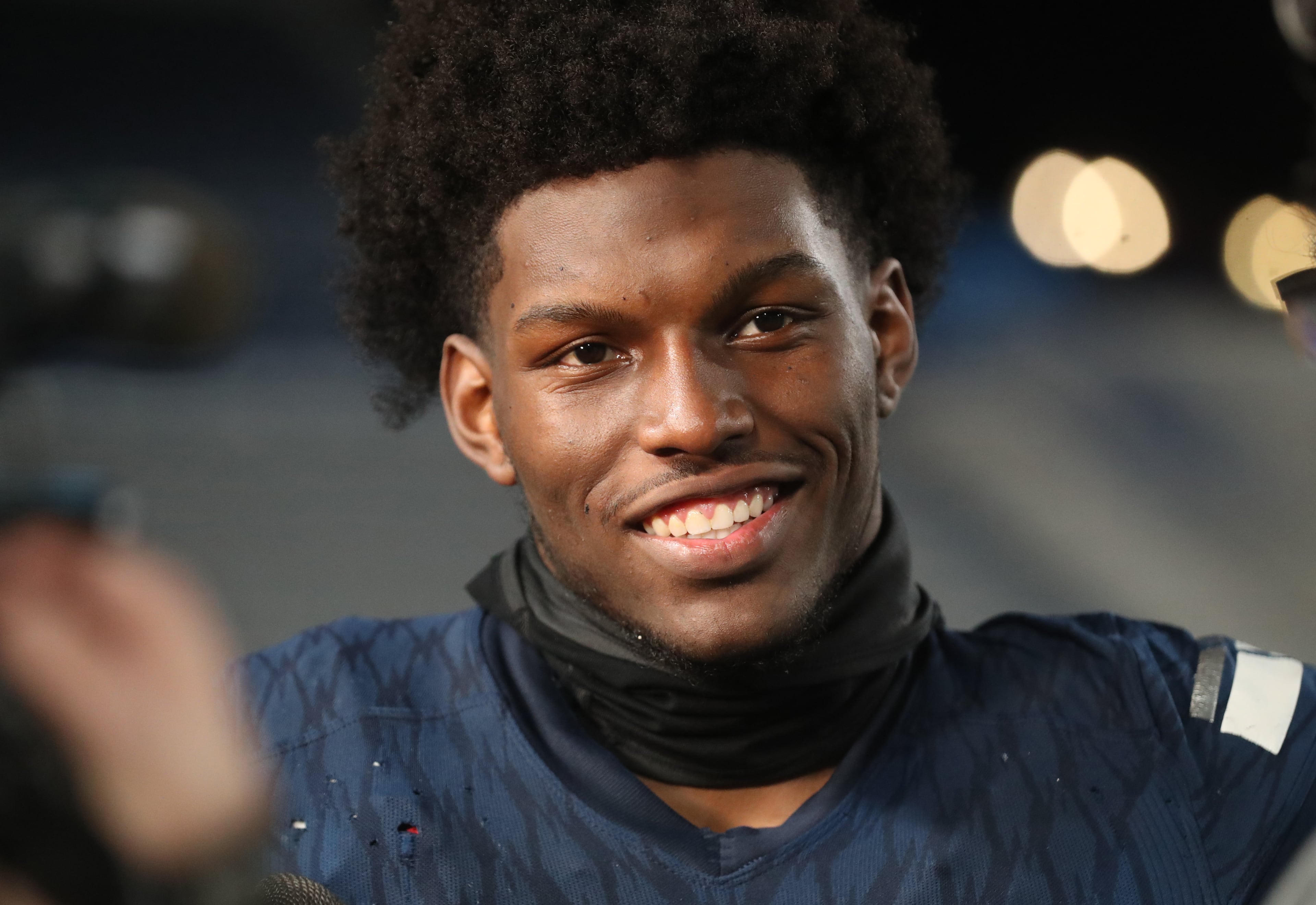 Marietta tight end Arik Gilbert talks with reporters after their 17-9 win against Lowndes in the Class AAAAAAA high school football state title at Georgia State Stadium Saturday, December 14, 2019 in Atlanta. (JASON GETZ/SPECIAL TO THE AJC)
