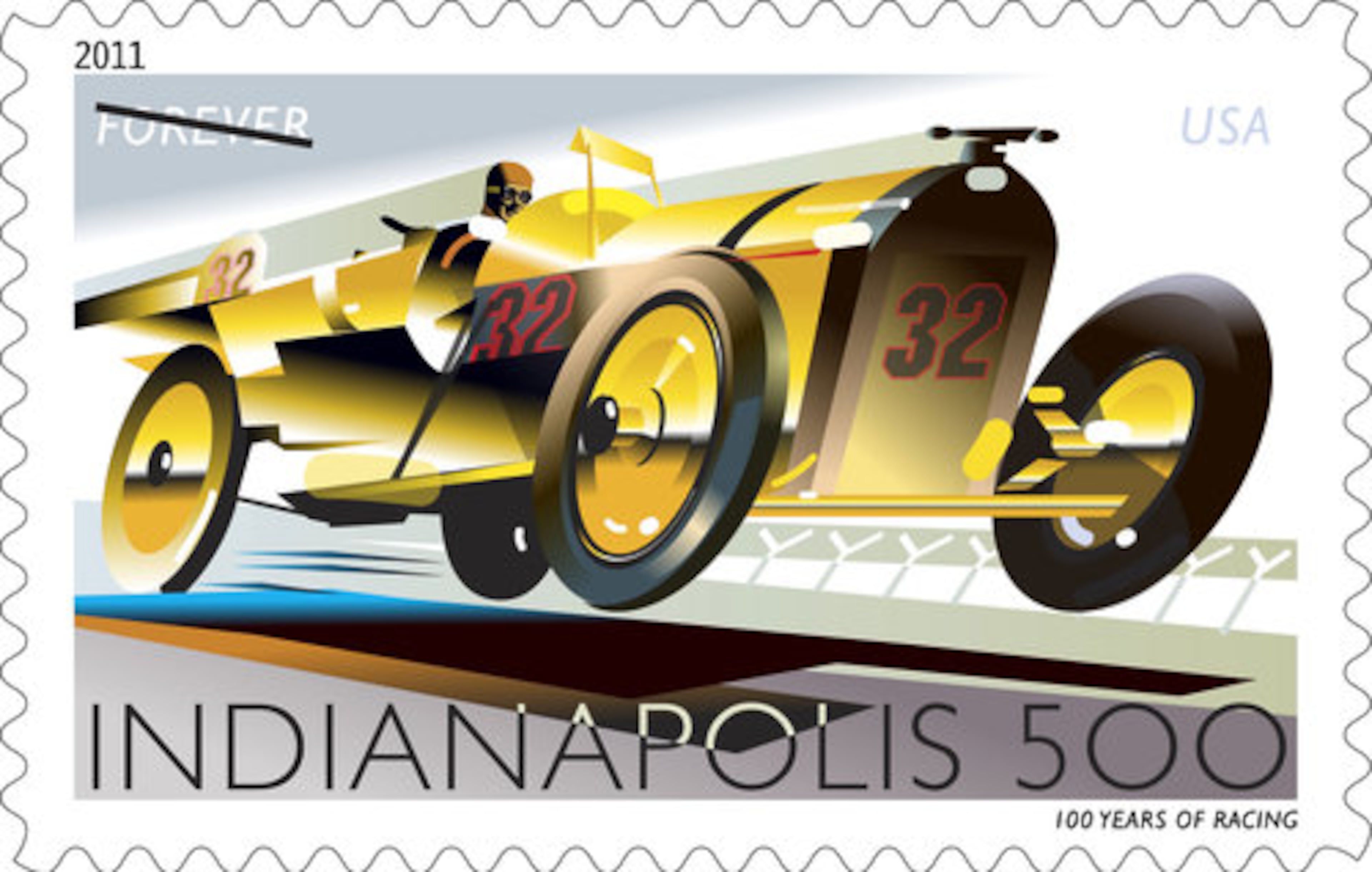 This postage stamp depicts The Indianapolis 500, which celebrates its 100th anniversary in 2011. It is a design which is included in the 2011 US postage stamps collection.
