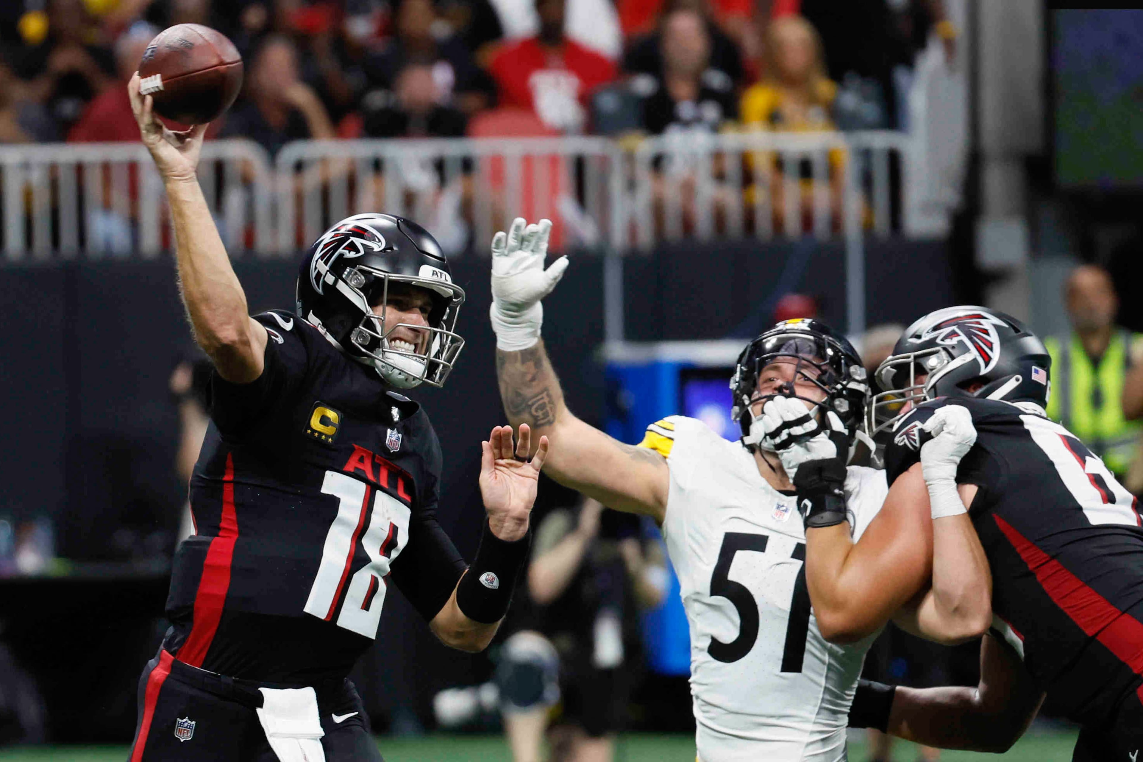 Atlanta Falcons quarterback Kirk Cousins throws a pass during the second half of an NFL football game against the Pittsburgh Steelers on Sunday, Sept. 8, at Mercedes-Benz Stadium in Atlanta.
(Miguel Martinez/ AJC)