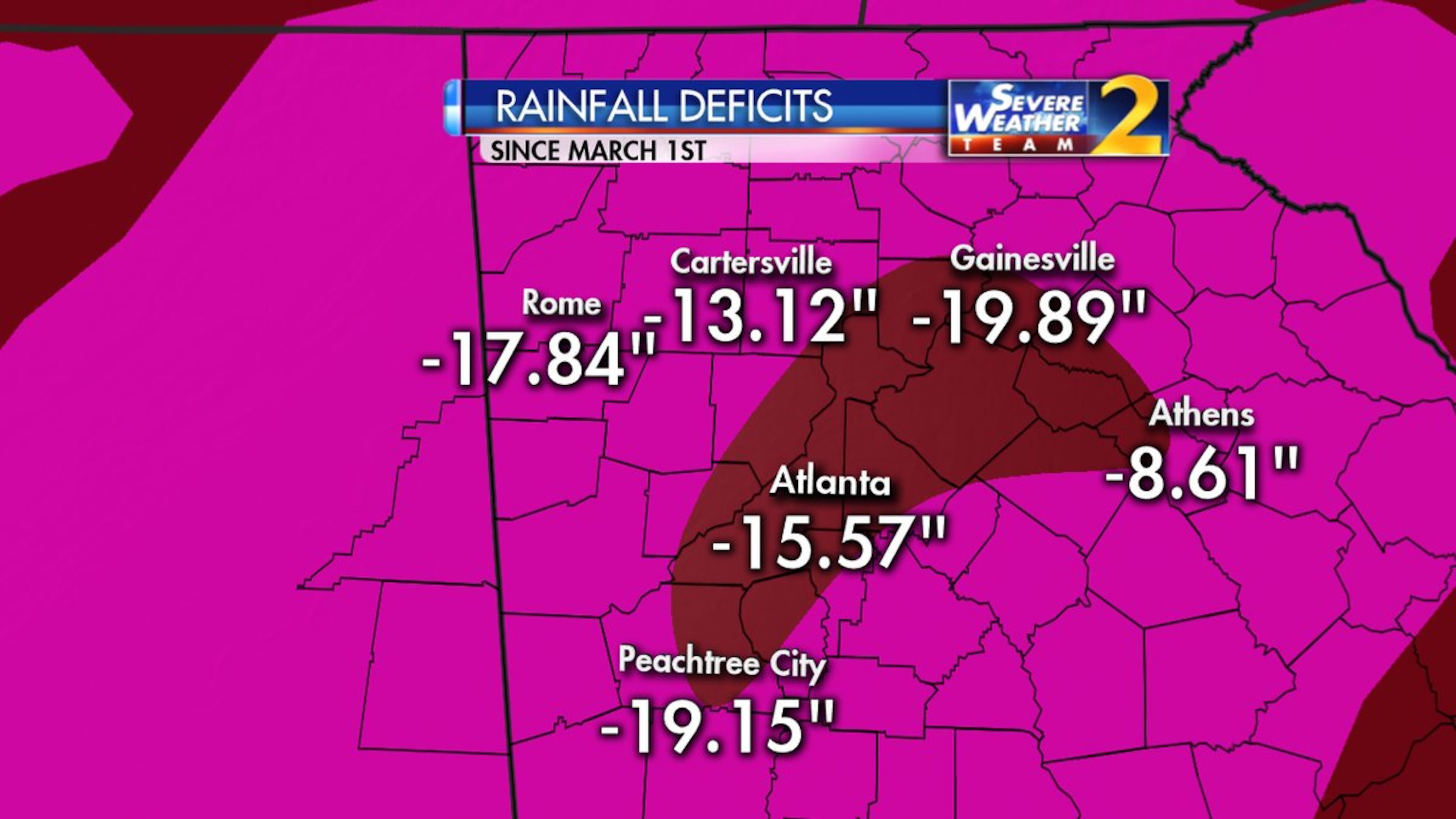 As the drought worsens, Atlanta’s rainfall deficit has grown to about 15.57 inches since March 1.