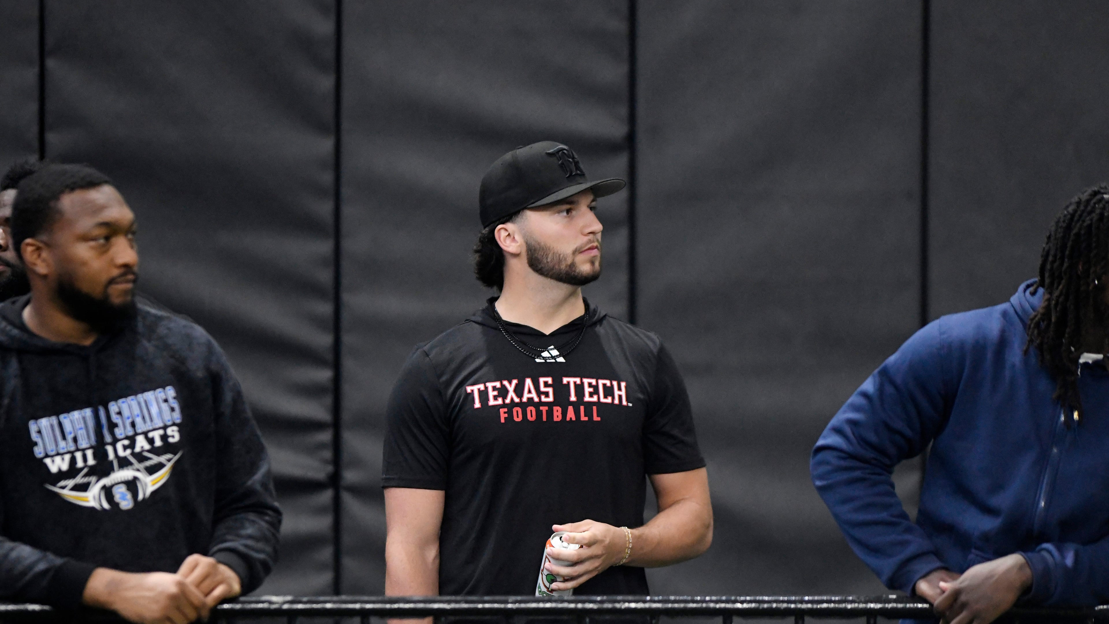 FILE - Texas Tech quarterback Brendan Sorsby watches the school's NFL football pro day, March 26, 2026, in Lubbock, Texas. (AP Photo/Annie Rice)