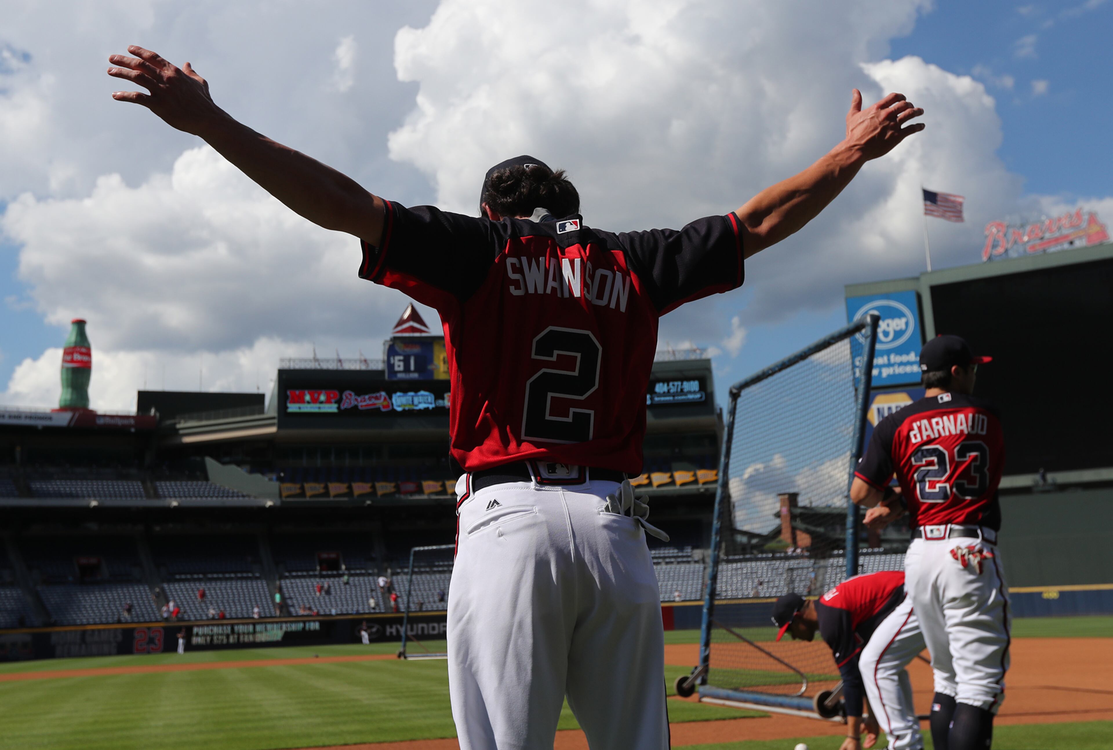 081716 ATLANTA: Braves top prospect Dansby Swanson gets loose while he makes his MLB debut at Turner Field during batting practice before playing the Twins in a baseball game on Wednesday, August 17, 2016, in Atlanta. Curtis Compton /ccompton@ajc.com