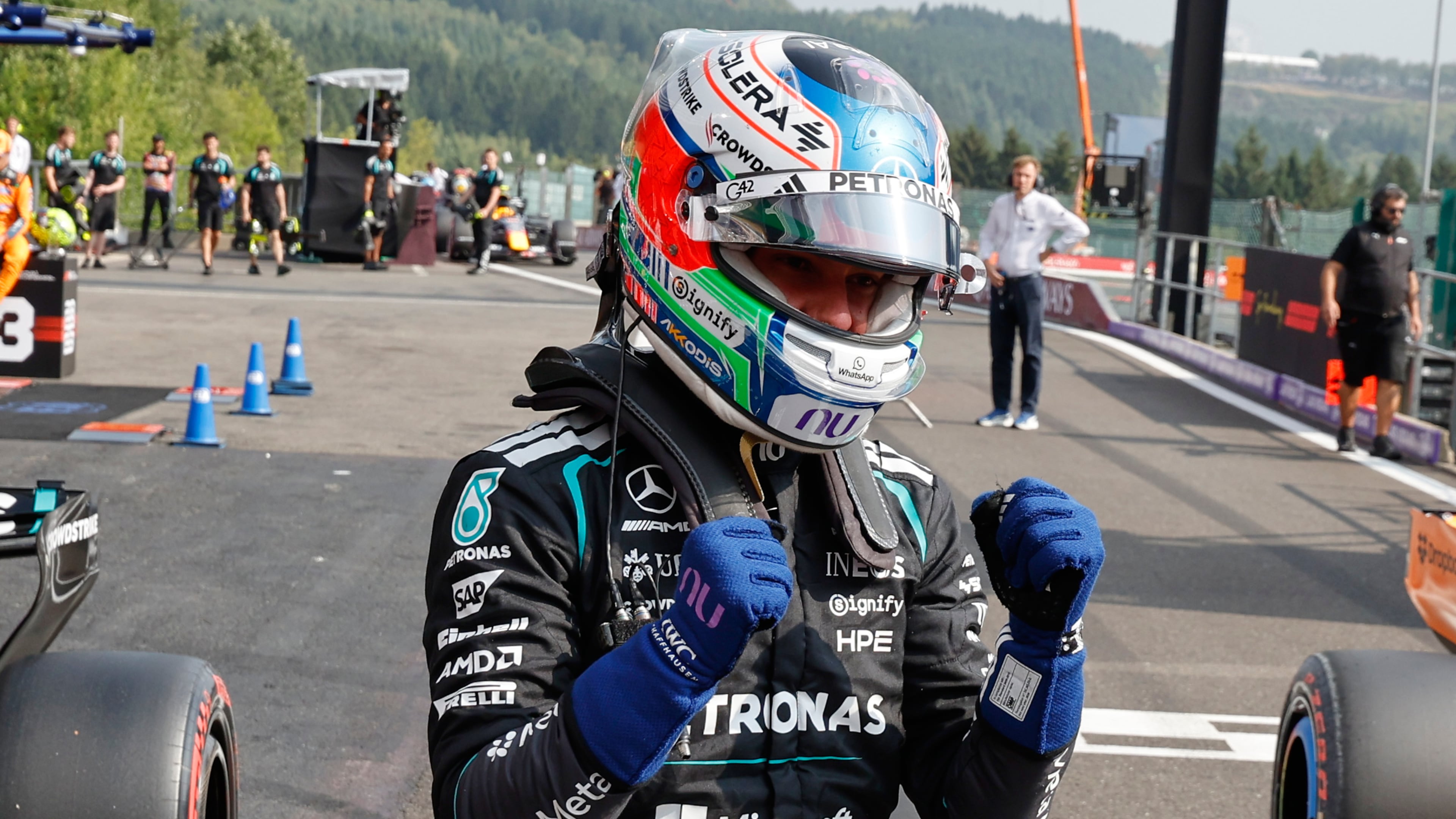 Mercedes driver Andrea Kimi Antonelli of Italy celebrates after qualifying for pole position ahead of the Formula One Grand Prix at the Spa-Francorchamps racetrack in Spa, Belgium, Saturday, July 18, 2026. (AP Photo/Geert Vanden Wijngaert)