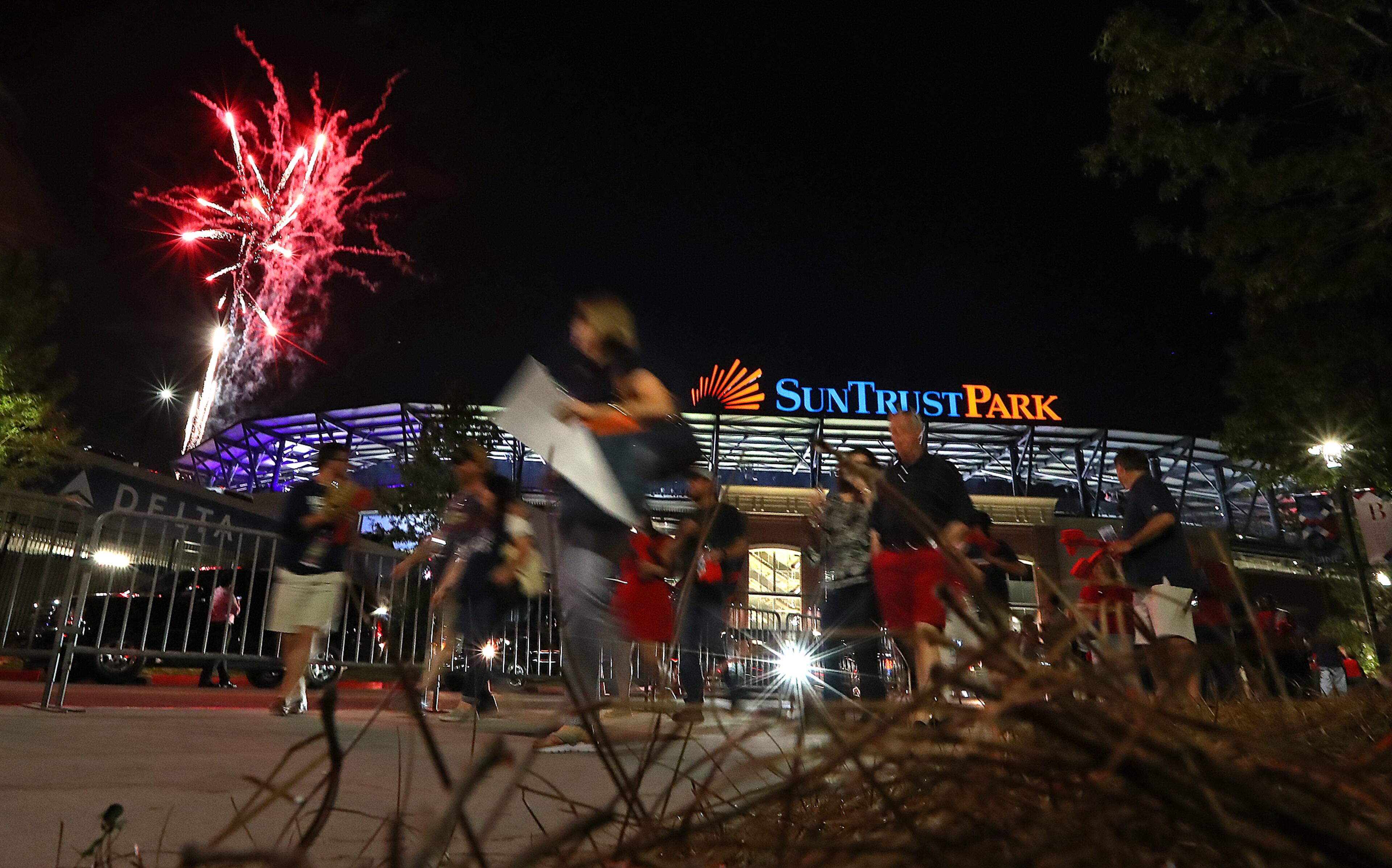Fireworks go off as the Atlanta Braves beat the Padres 5-2 in the home opener at SunTrust Park on Friday, April 14, 2017.