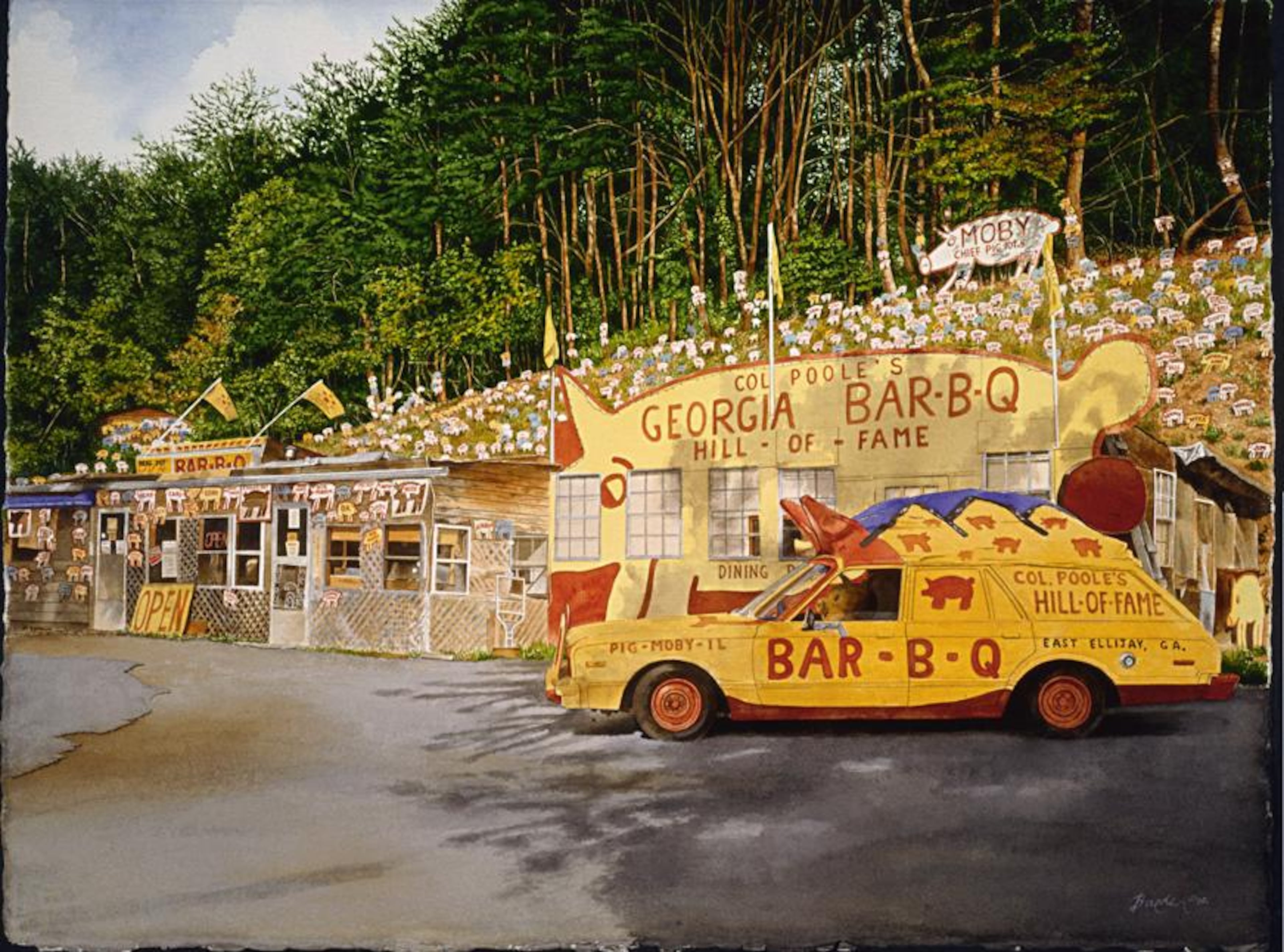 "Col. Poole's Pig Hill-of-Fame" is a watercolor on paper from 1994 of an Ellijay barbecue restaurant. John Baeder is known for his photorealist paintings of diners, most of which were in the Northeast, but the former Atlantan also painted Southern scenes.