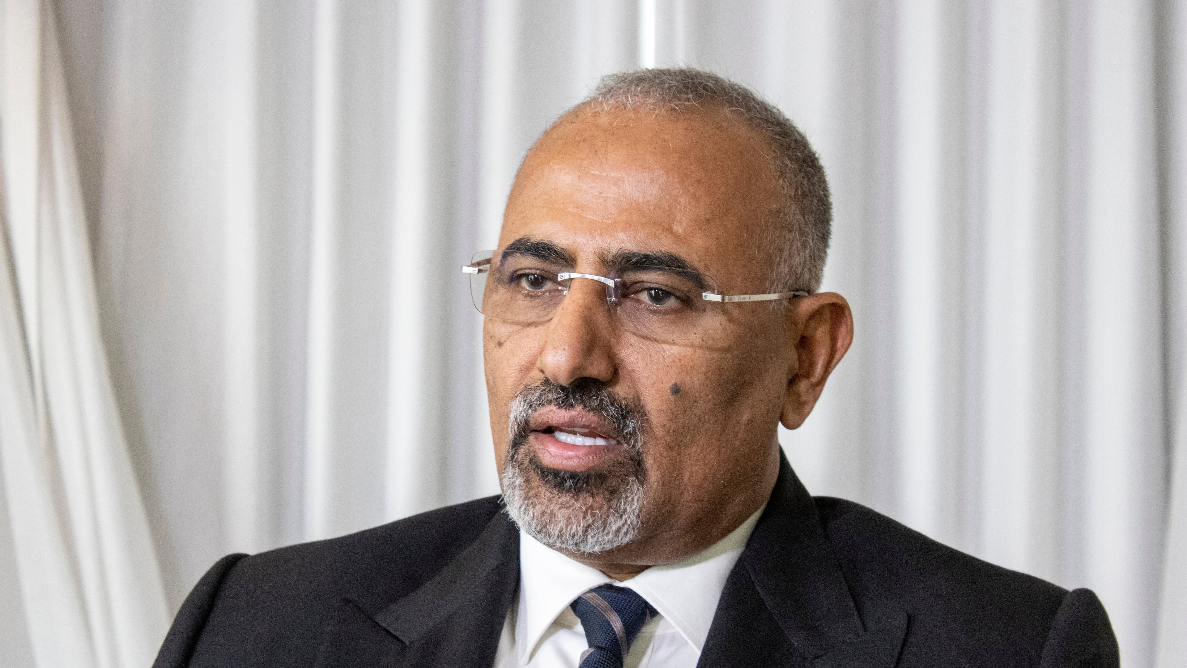 FILE - The president of the Yemen's Southern Transitional Council Aidarous Al-Zubaidi sits for an interview, Sept. 22, 2023, in New York, while attending the United Nations General Assembly's annual high-level meeting of world leaders. (AP Photo/Ted Shaffrey, File)