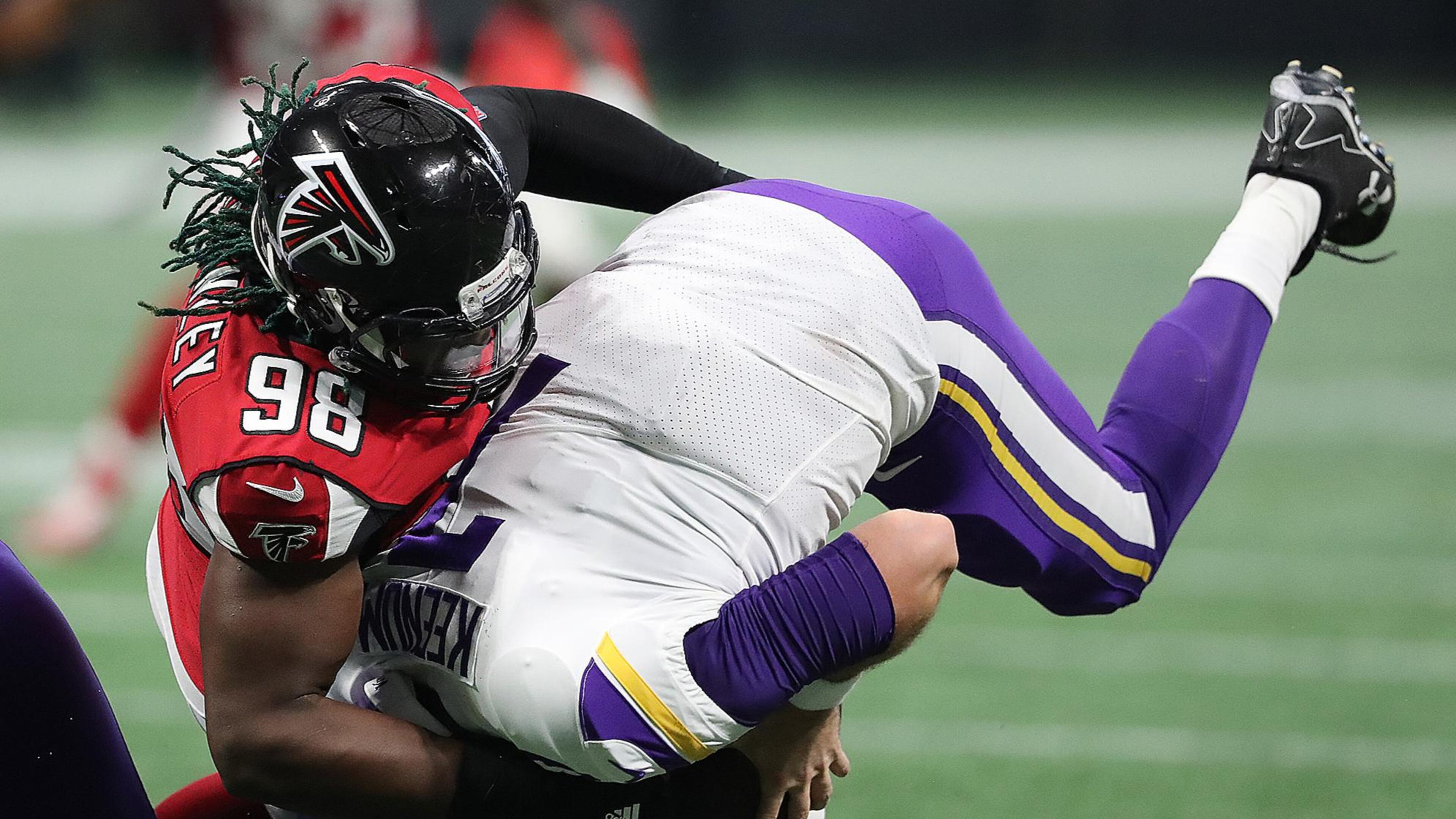 December 3, 2017 Atlanta: Falcons defensive end Takkarist McKinley sacks Vikings quarterback Case Keenum during the second quarter in a NFL football game on Sunday, December 3, 2017, in Atlanta. Curtis Compton/ccompton@ajc.com
