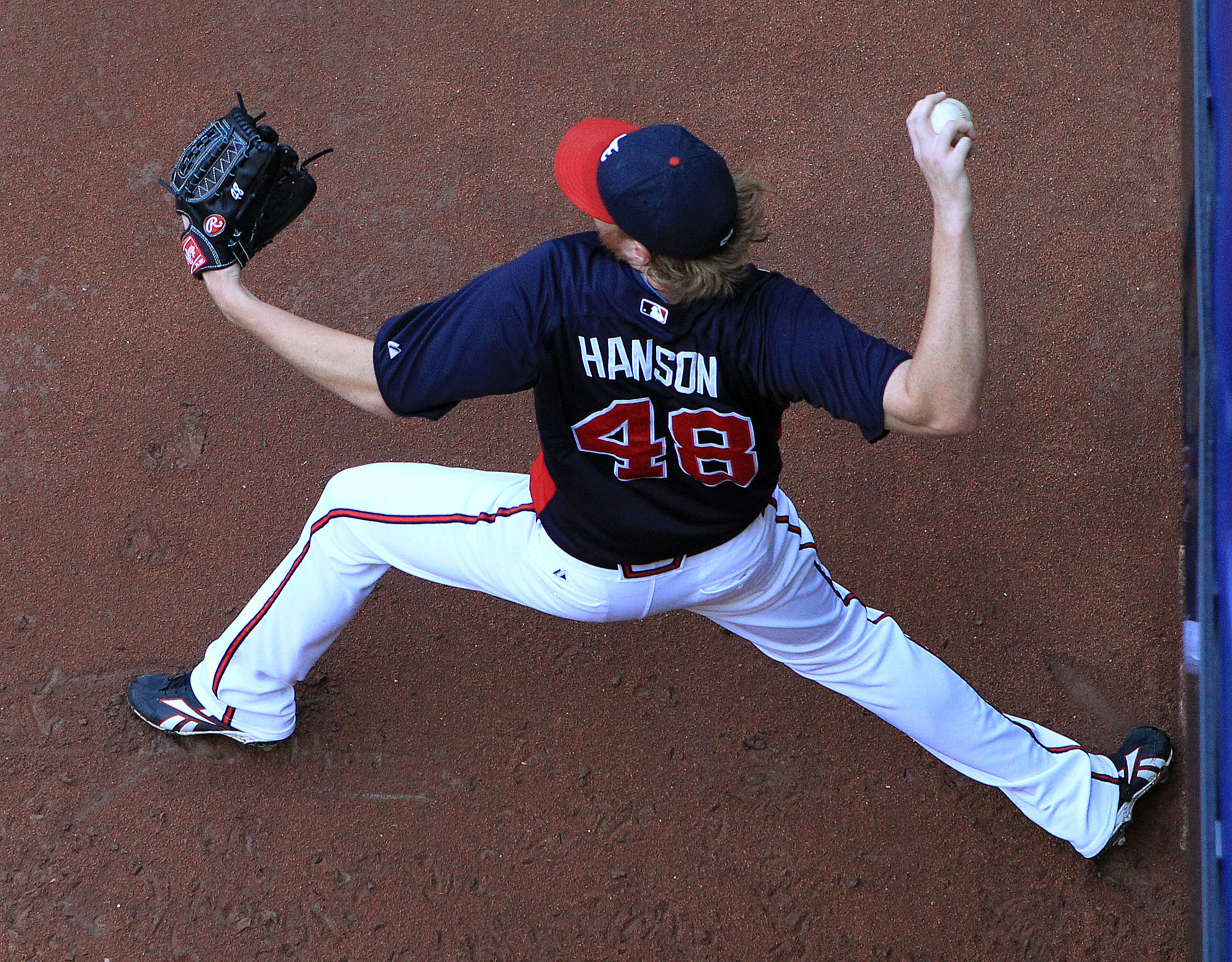 Atlanta Braves pitcher Tommy Hanson throws in the bull pen trying to come back from a sore shoulder before the Braves take on the Marlins at Turner Field in Atlanta on Wednesday, Sept. 14, 2011. Curtis Compton ccompton@ajc.com