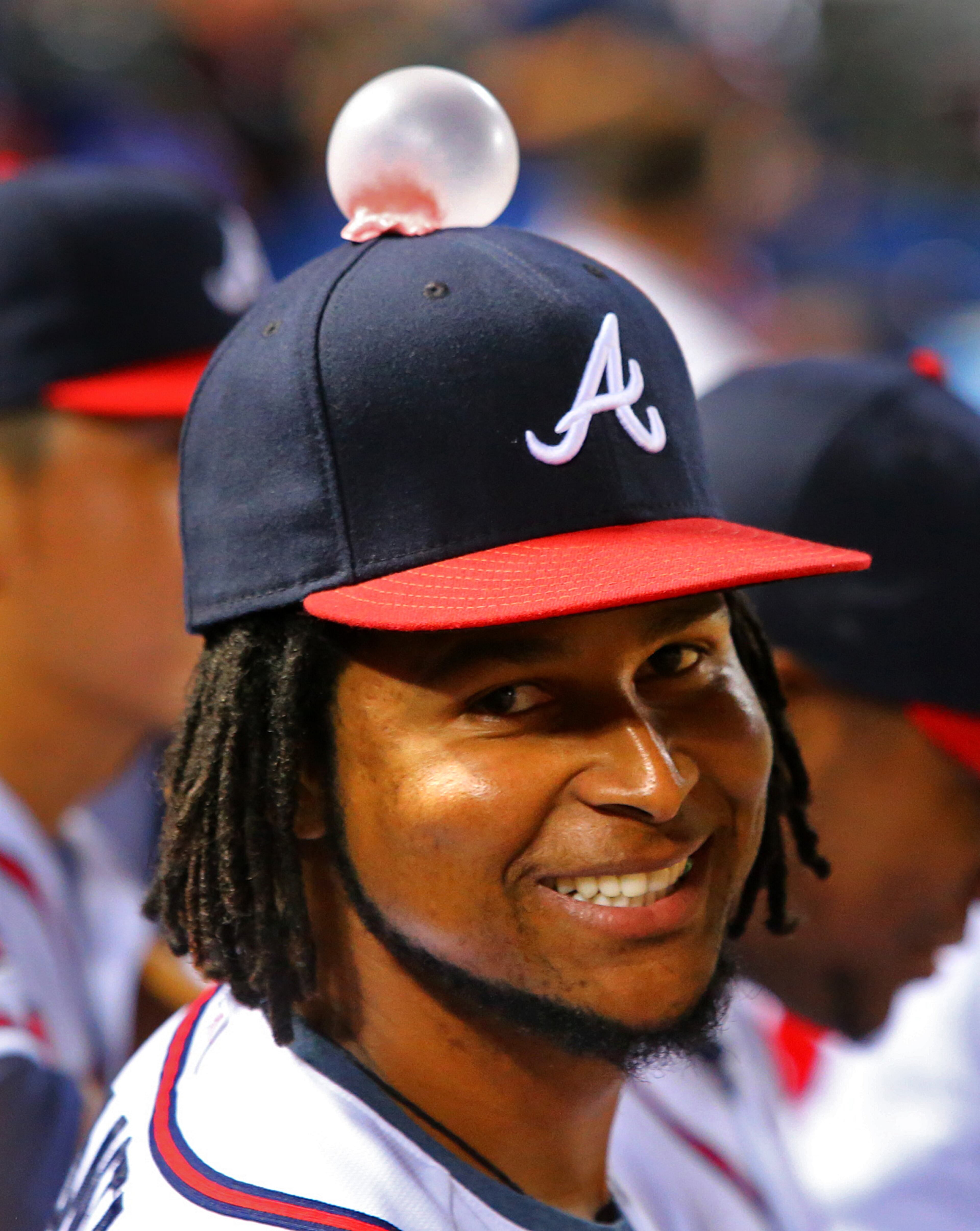 Braves pitcher Ervin Santana sports his chewing gum on top of his cap as the Braves try to rally against the Mariners during a MLB game on Tuesday, June 3, 2014, in Atlanta. CURTIS COMPTON / CCOMPTON@AJC.COM